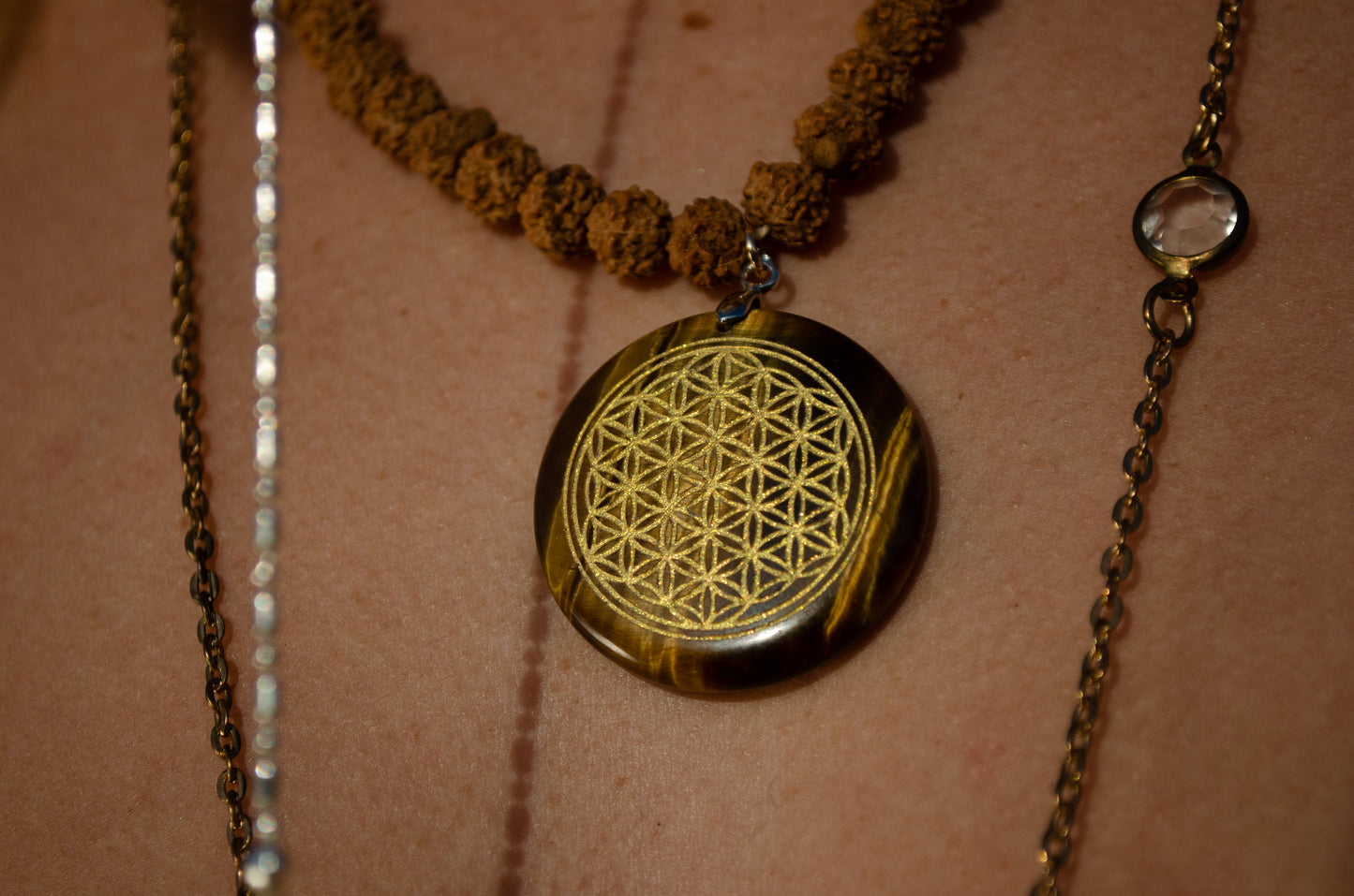 Shungite Crystal Flower of Life Medallion Rudraksha Prayer Bead Necklace