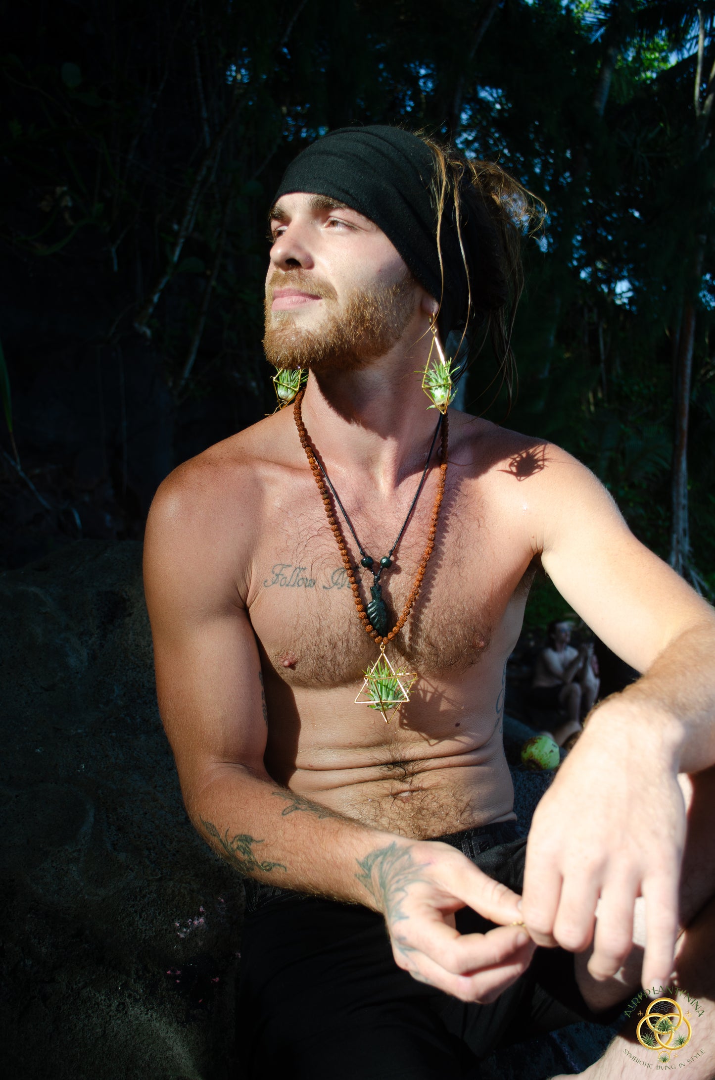 24K Gold Merkaba Air Plant Terrarium Monk Necklace ~ Buddha Prayer Rudraksha Beads