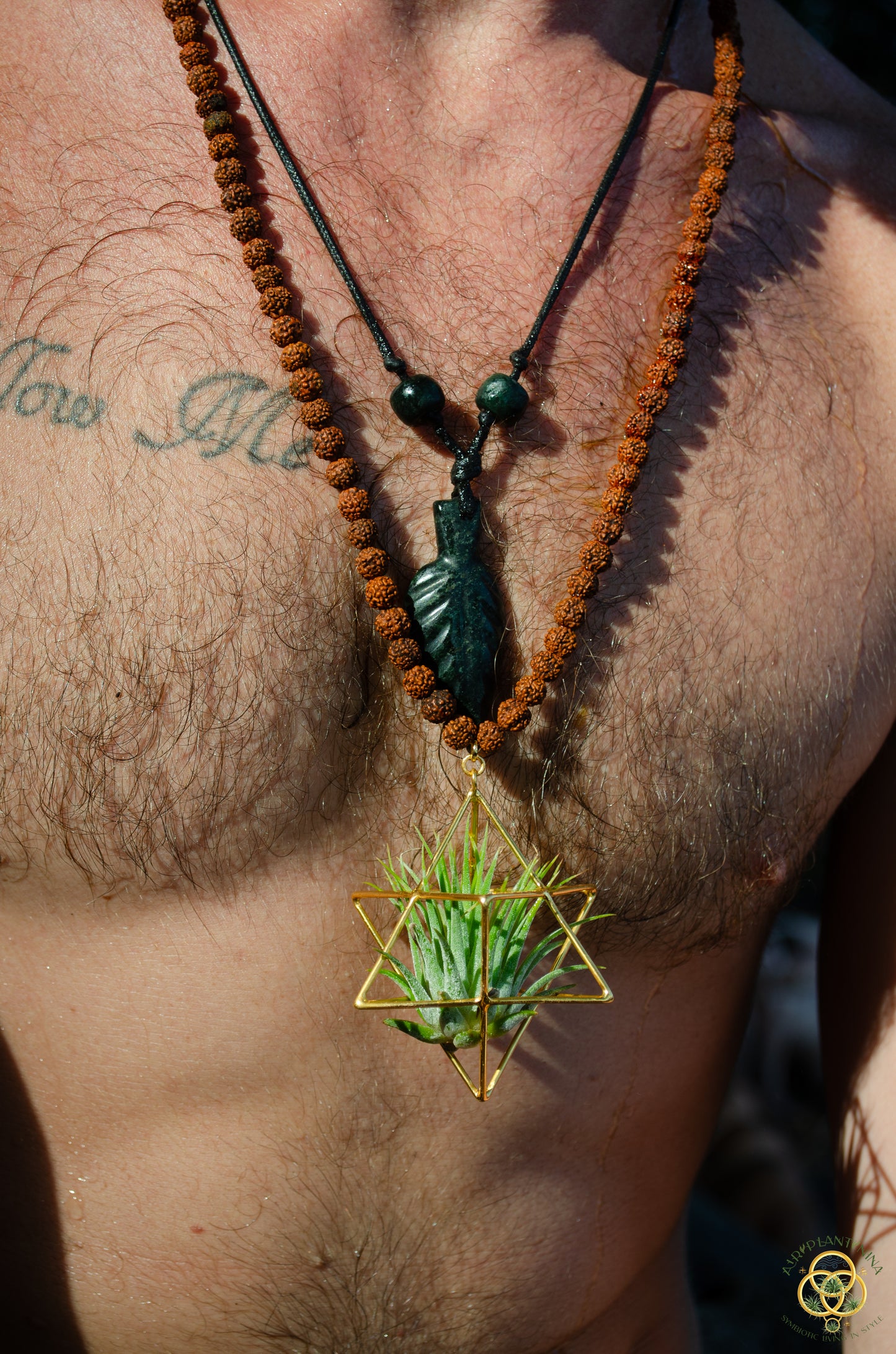 24K Gold Merkaba Air Plant Terrarium Monk Necklace ~ Buddha Prayer Rudraksha Beads