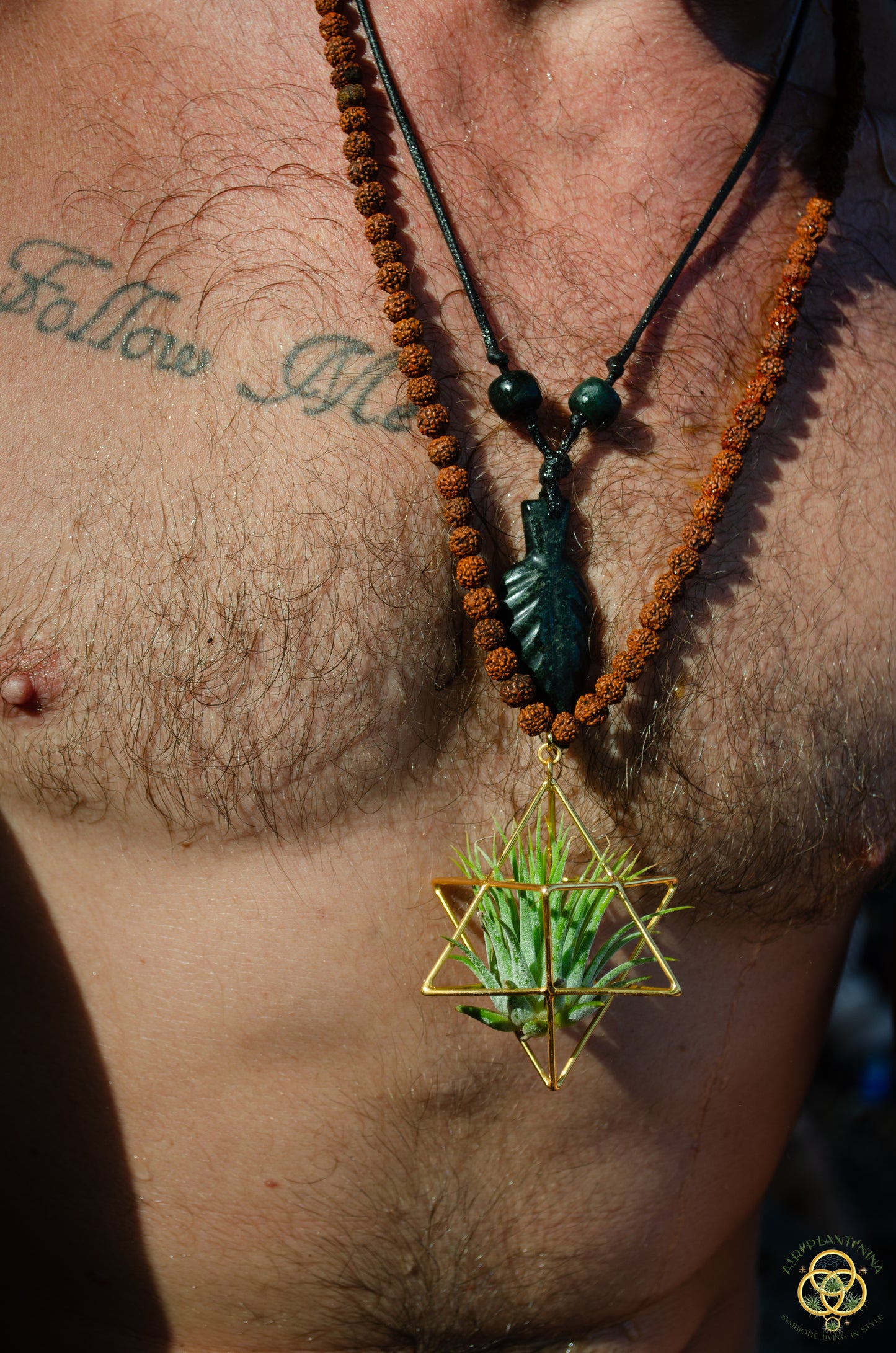 24K Gold Merkaba Air Plant Terrarium Monk Necklace ~ Buddha Prayer Rudraksha Beads