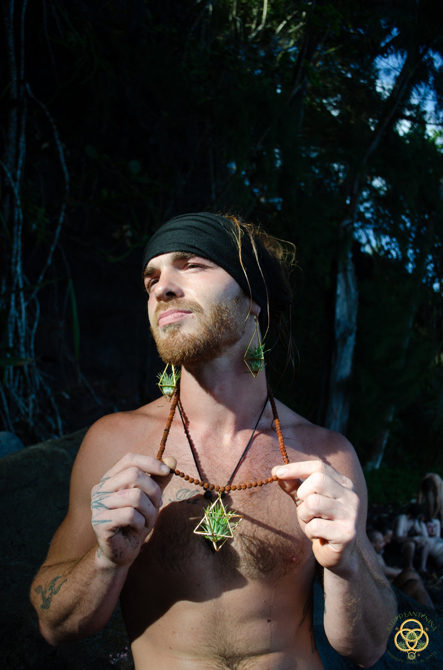 24K Gold Merkaba Air Plant Terrarium Monk Necklace ~ Buddha Prayer Rudraksha Beads