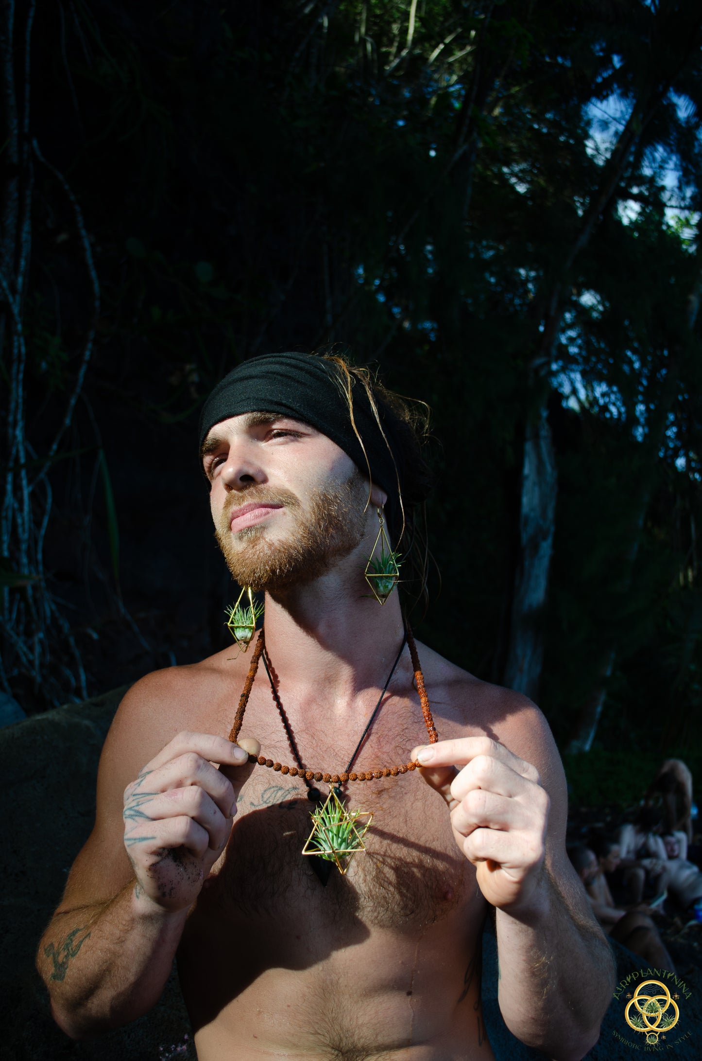 24K Gold Merkaba Air Plant Terrarium Monk Necklace ~ Buddha Prayer Rudraksha Beads