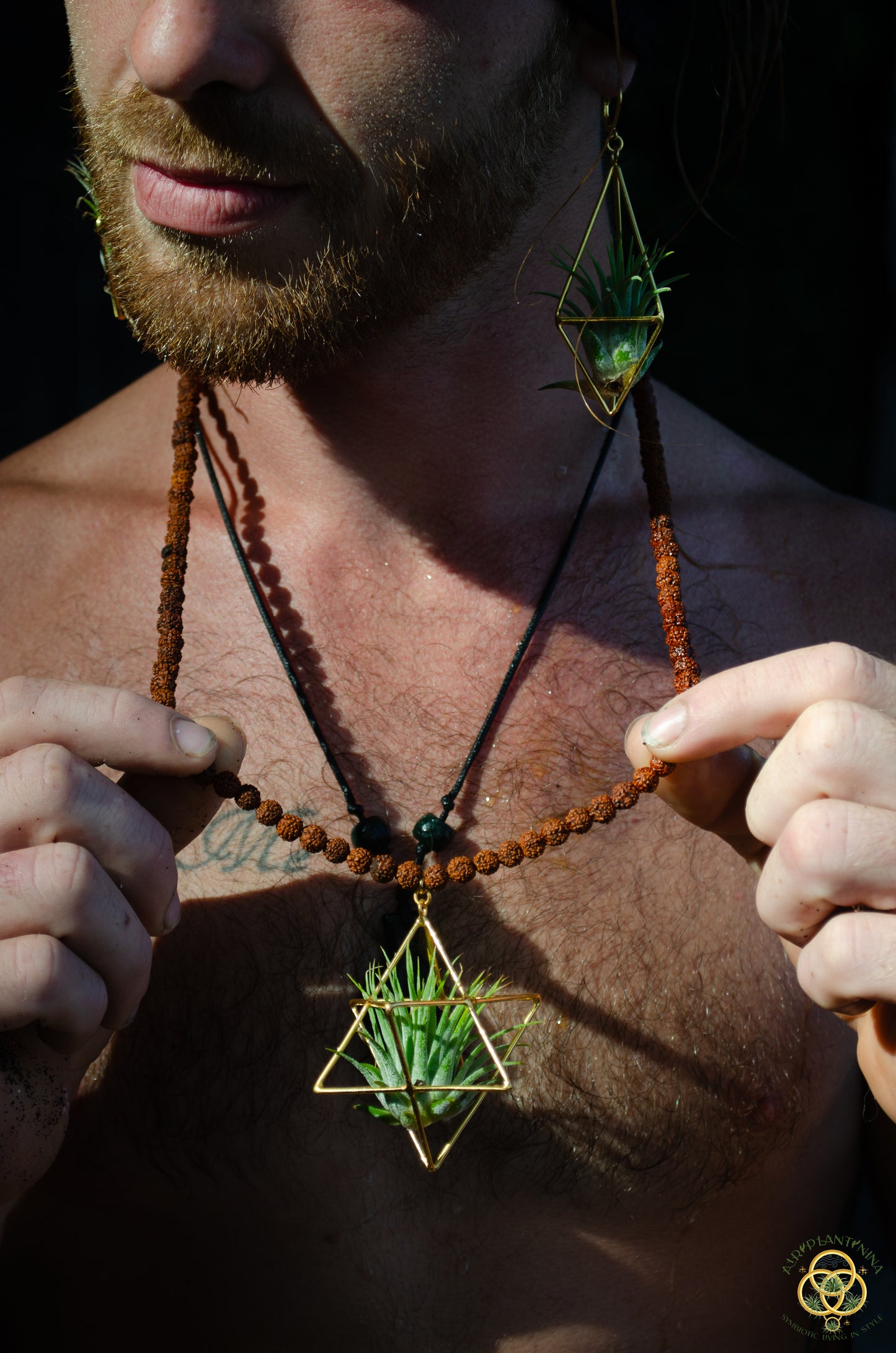 24K Gold Merkaba Air Plant Terrarium Monk Necklace ~ Buddha Prayer Rudraksha Beads