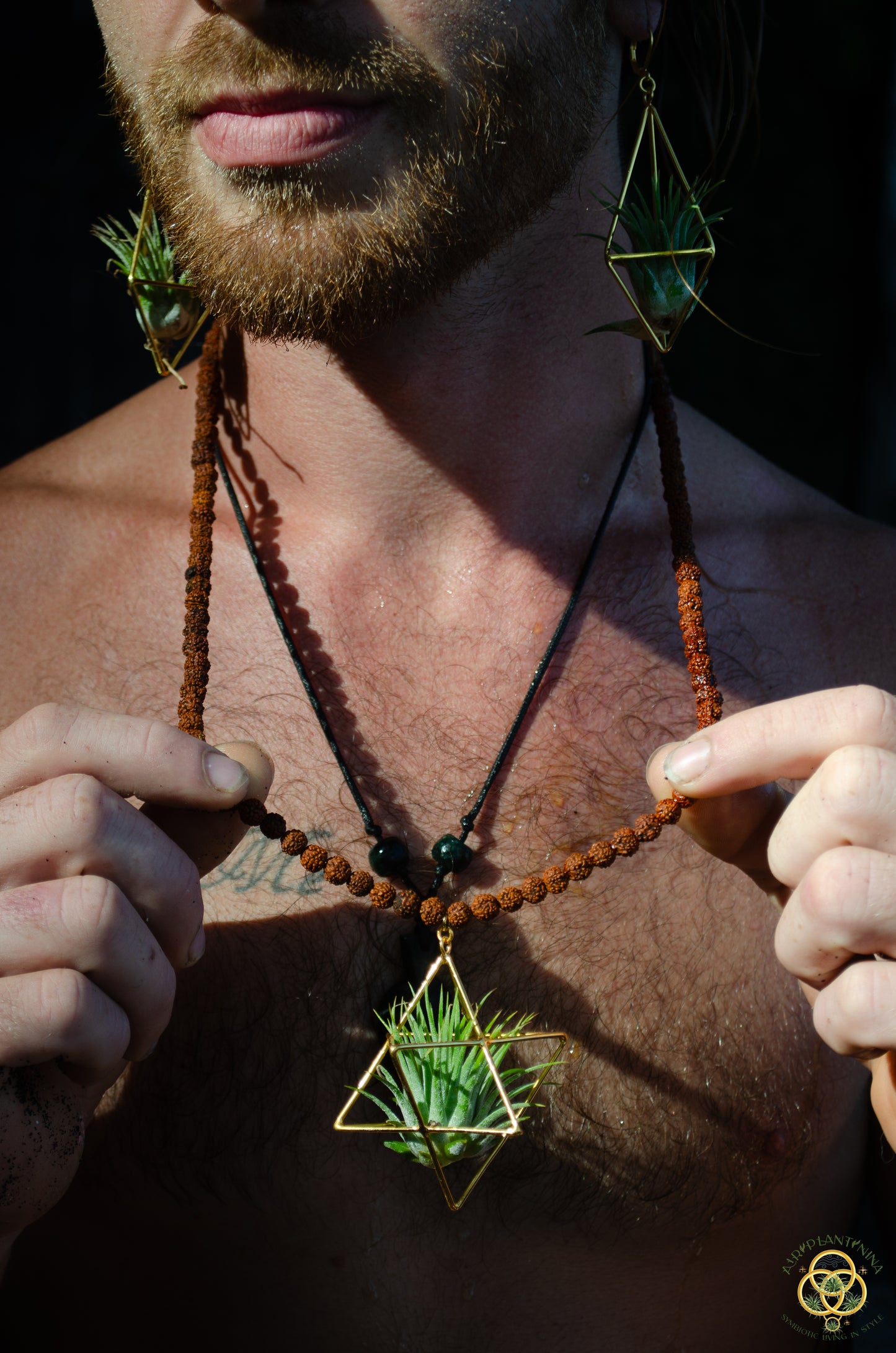 24K Gold Merkaba Air Plant Terrarium Monk Necklace ~ Buddha Prayer Rudraksha Beads