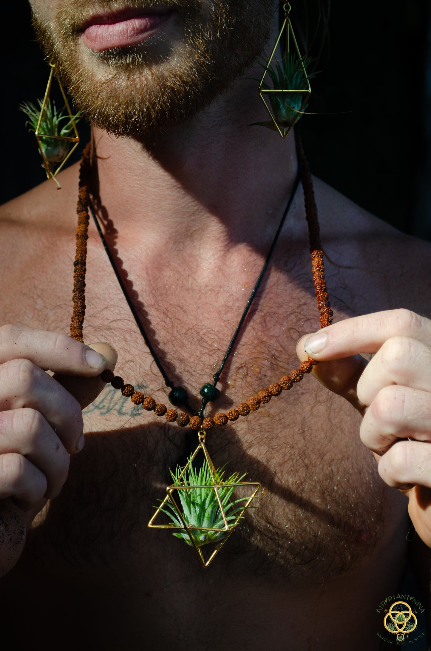 24K Gold Merkaba Air Plant Terrarium Monk Necklace ~ Buddha Prayer Rudraksha Beads