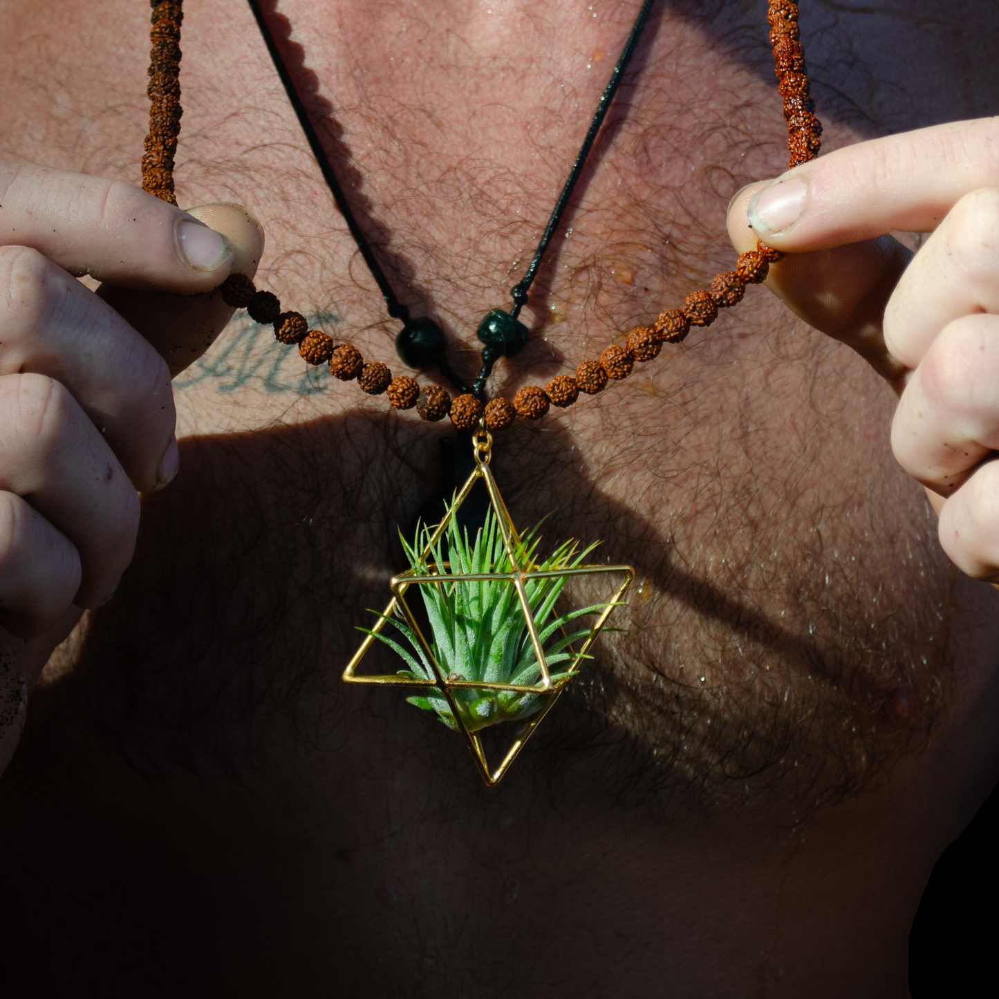 24K Gold Merkaba Air Plant Terrarium Monk Necklace ~ Buddha Prayer Rudraksha Beads