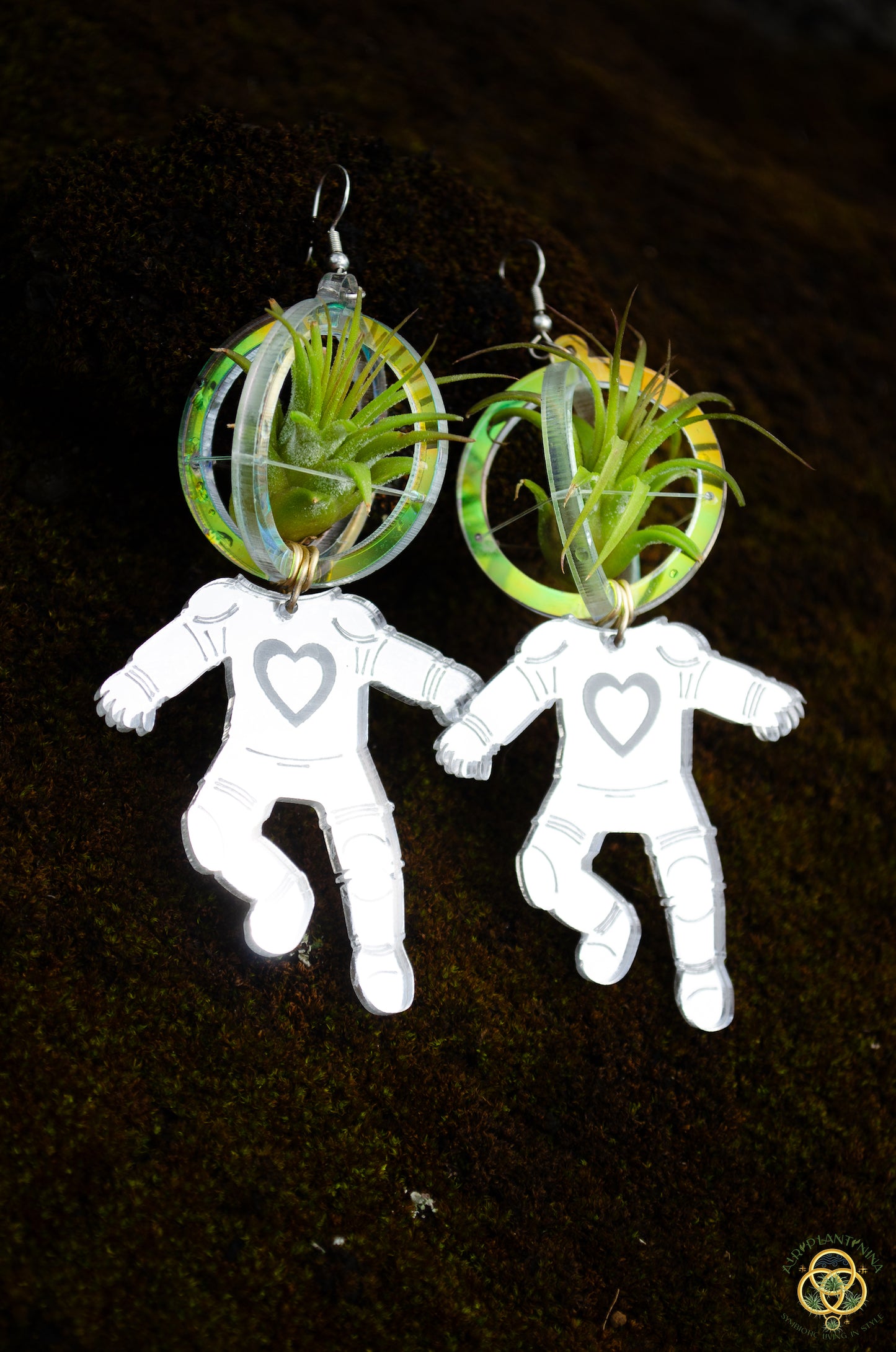 Air Plant Orb Earrings ~ Astronaut~ Blacklight Holographic ~ Lasercut Original Design