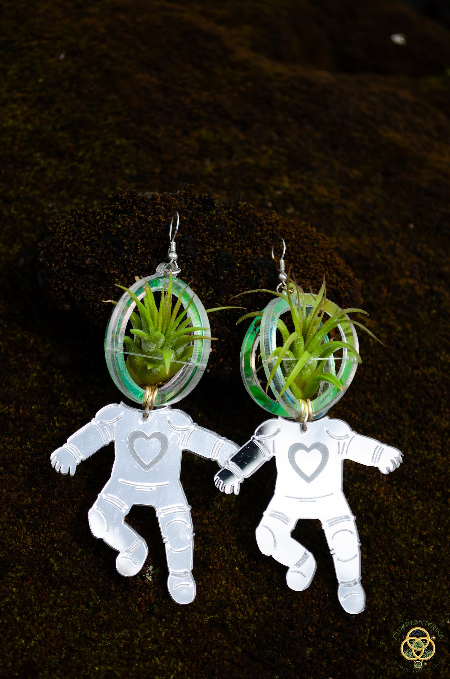 Air Plant Orb Earrings ~ Astronaut~ Blacklight Holographic ~ Lasercut Original Design