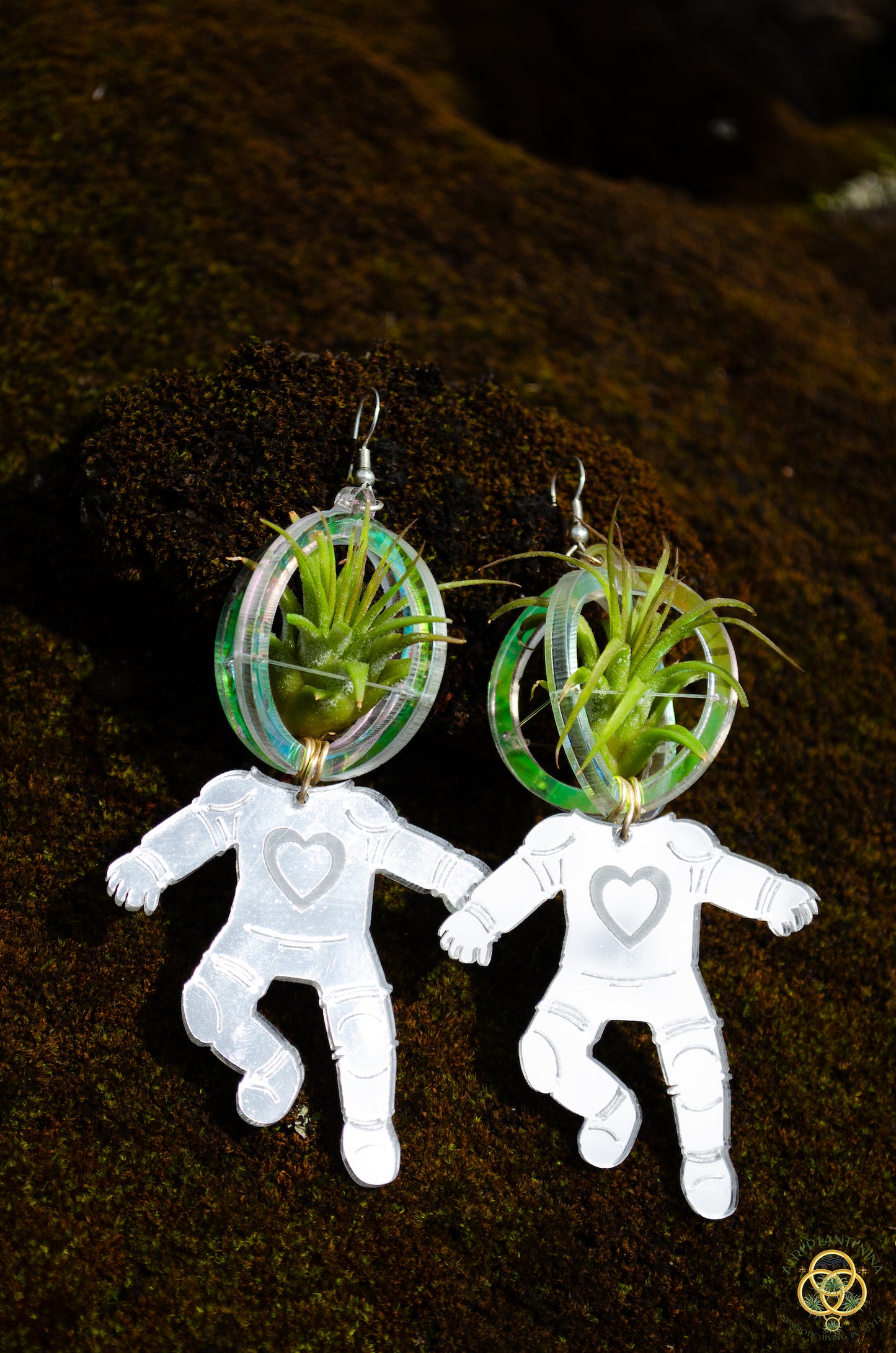 Air Plant Orb Earrings ~ Astronaut~ Blacklight Holographic ~ Lasercut Original Design