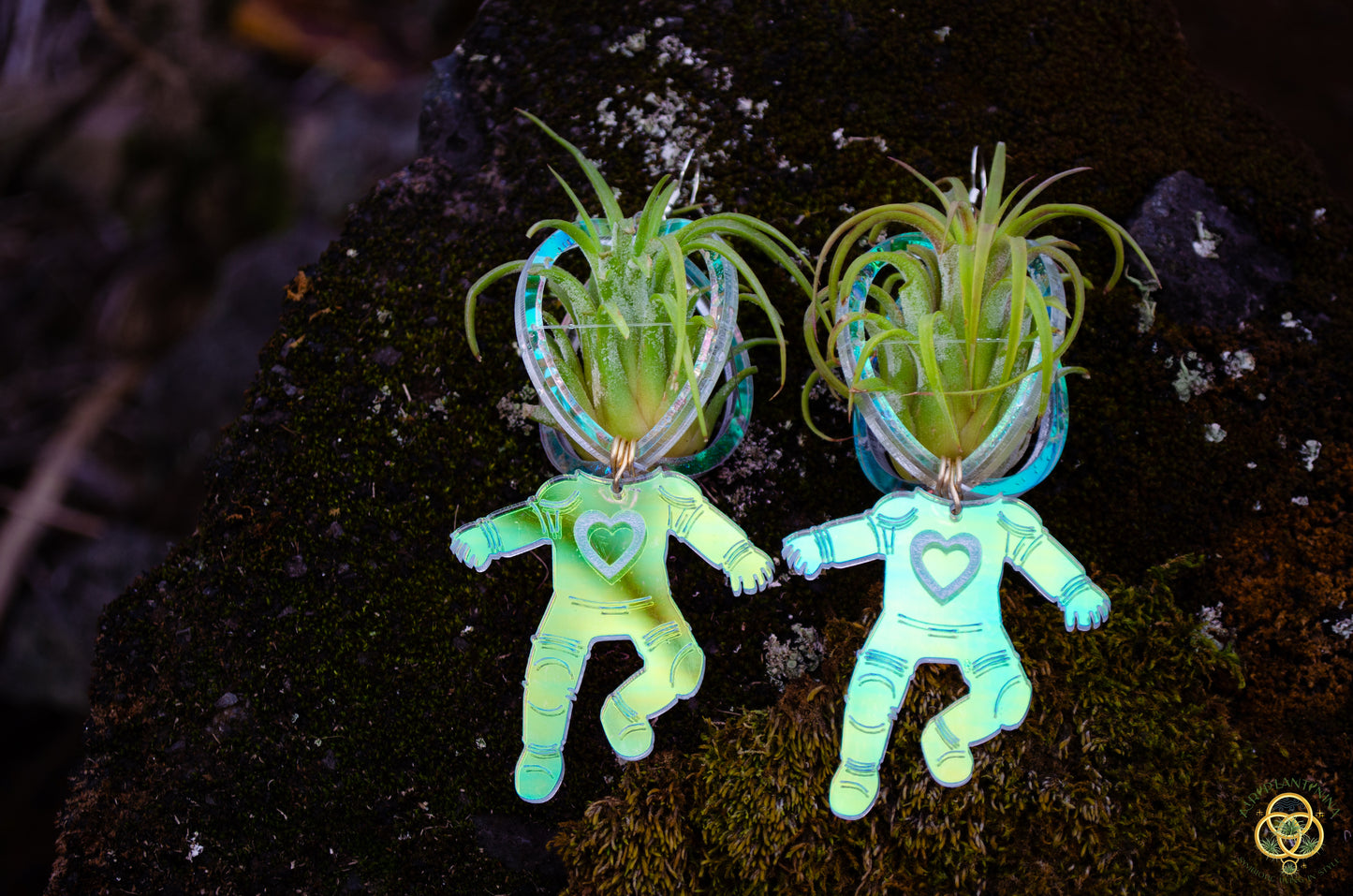 Air Plant Orb Earrings ~ Astronaut~ Blacklight Holographic ~ Lasercut Original Design