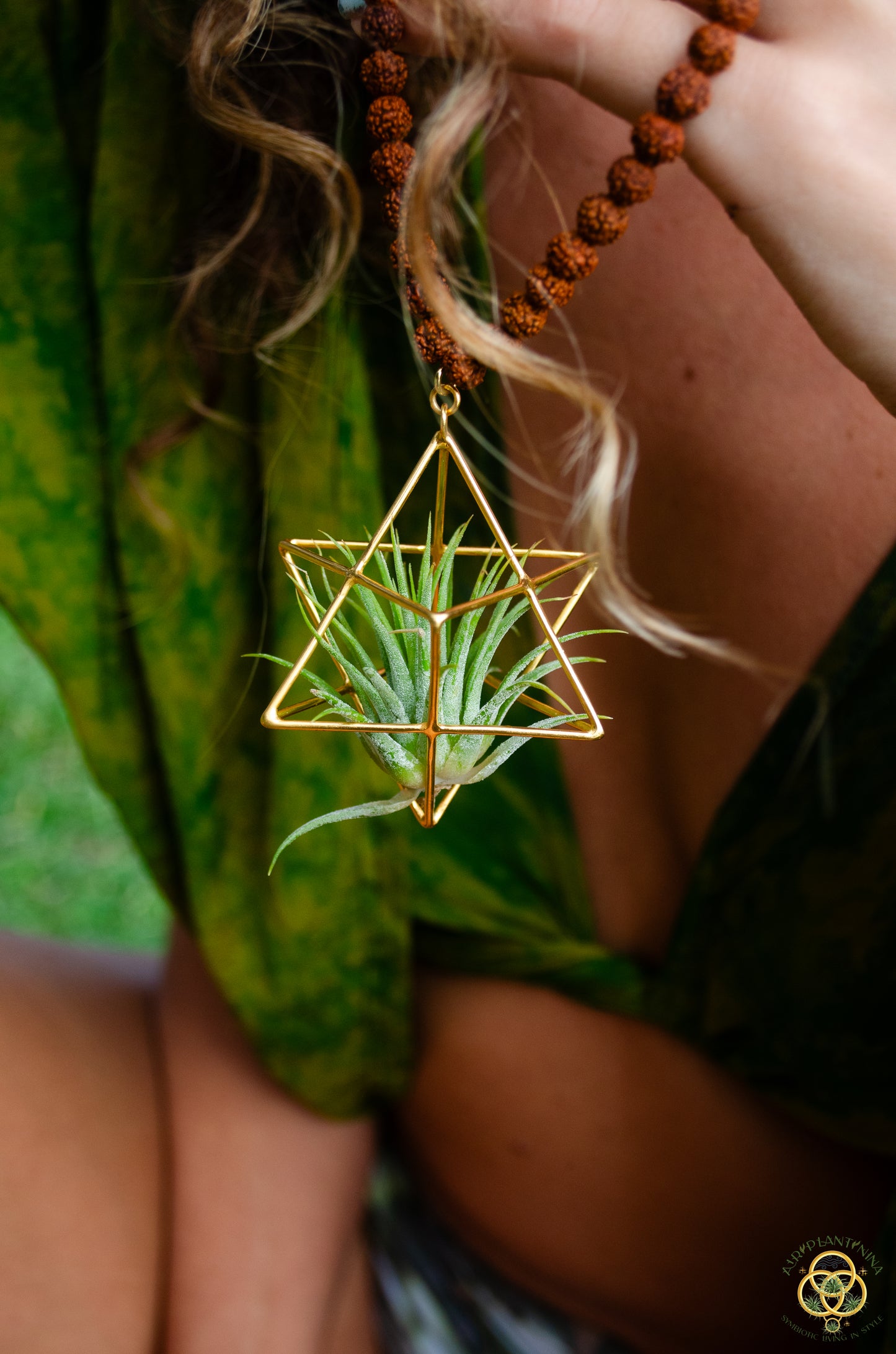 24K Gold Merkaba Air Plant Terrarium Monk Necklace ~ Buddha Prayer Rudraksha Beads
