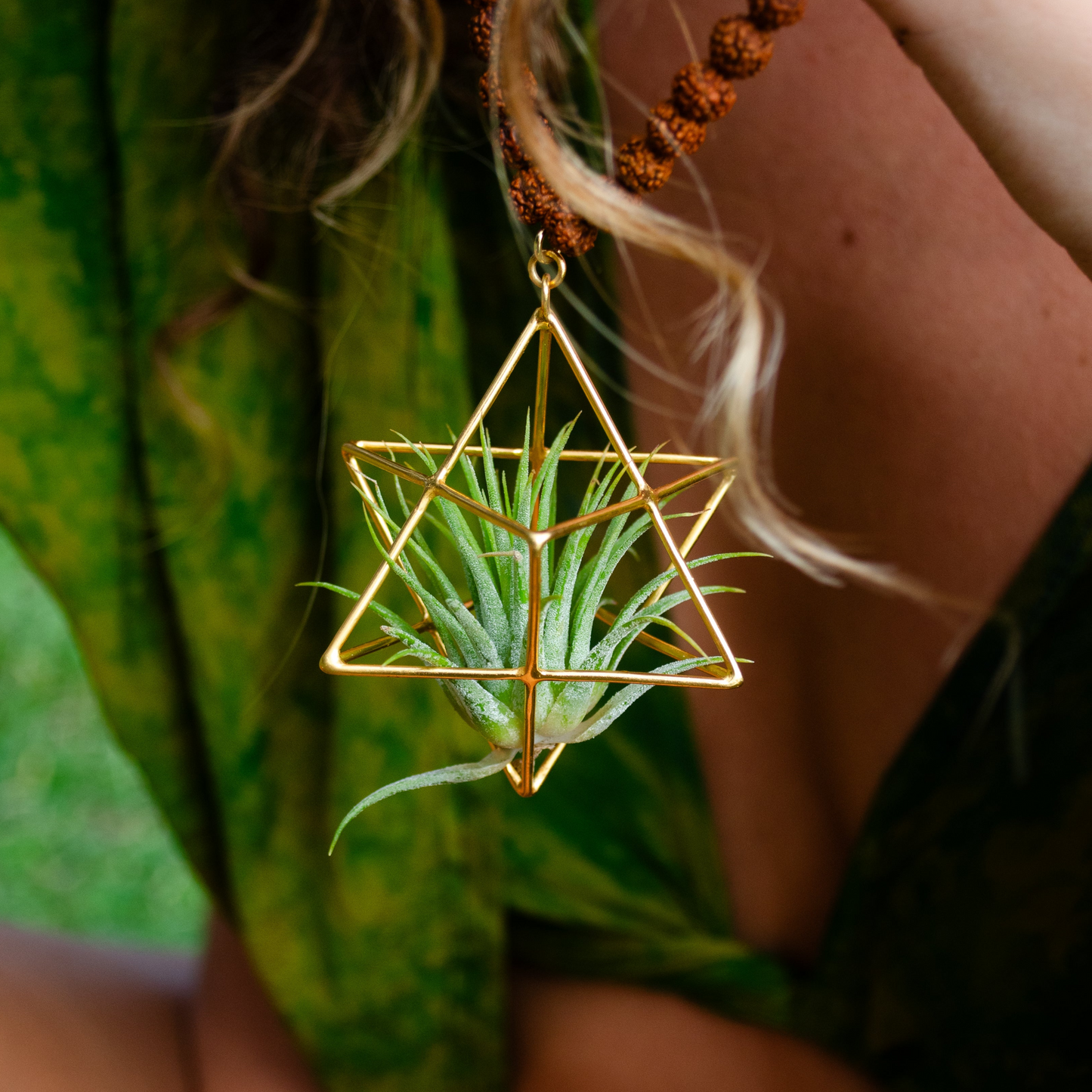 24K Gold Merkaba Air Plant Terrarium Monk Necklace ~ Buddha Prayer Rudraksha Beads