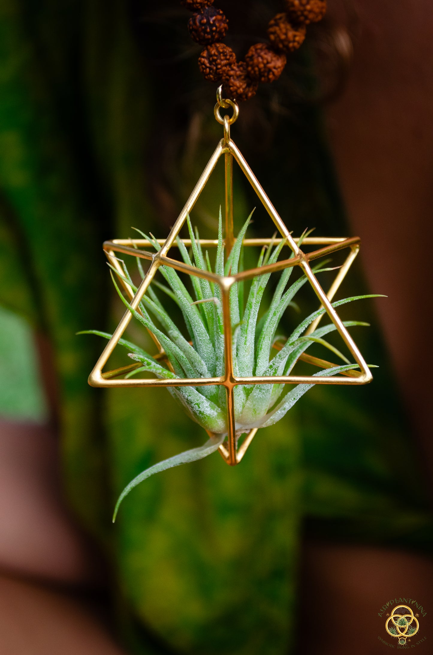24K Gold Merkaba Air Plant Terrarium Monk Necklace ~ Buddha Prayer Rudraksha Beads