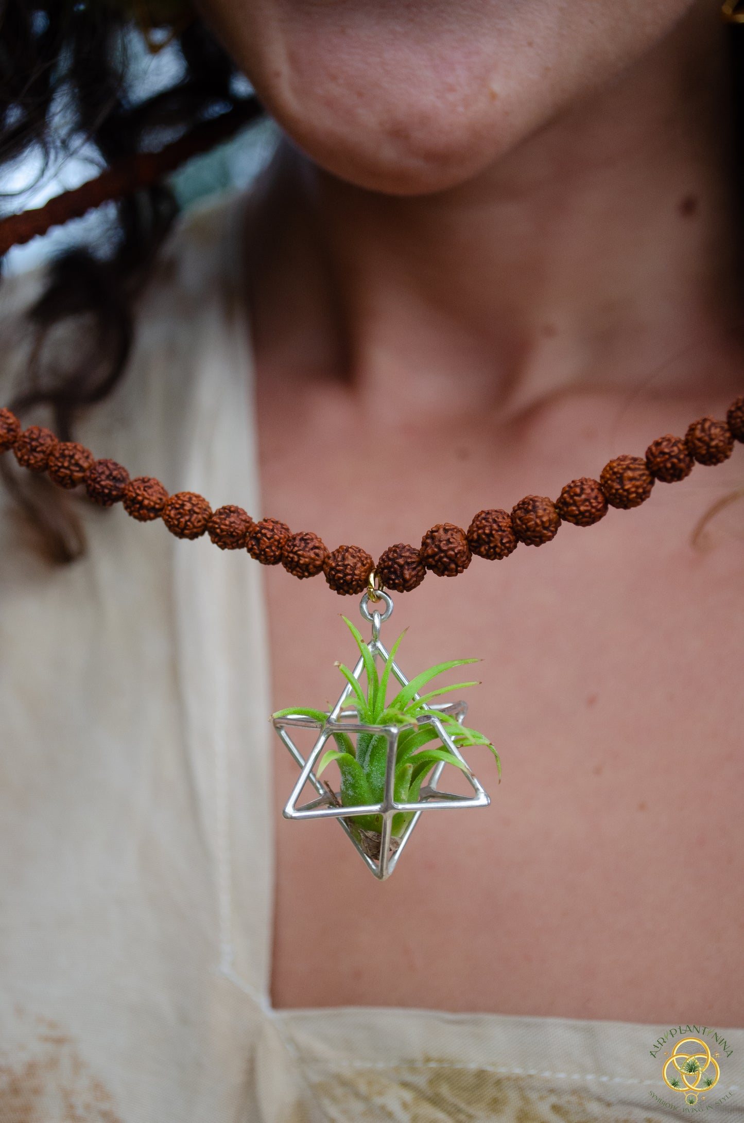 24K Gold Merkaba Air Plant Terrarium Monk Necklace ~ Buddha Prayer Rudraksha Beads