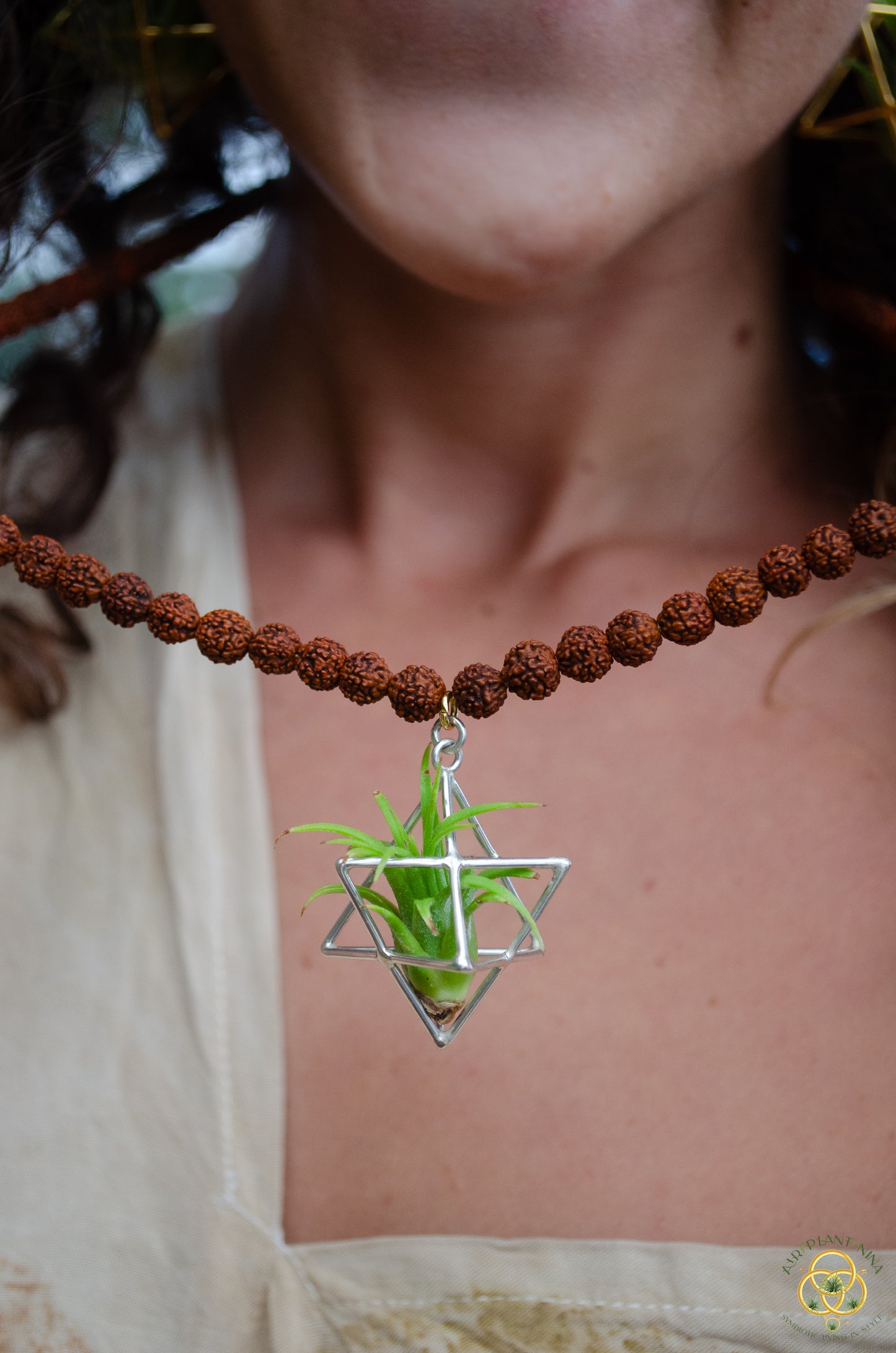 24K Gold Merkaba Air Plant Terrarium Monk Necklace ~ Buddha Prayer Rudraksha Beads