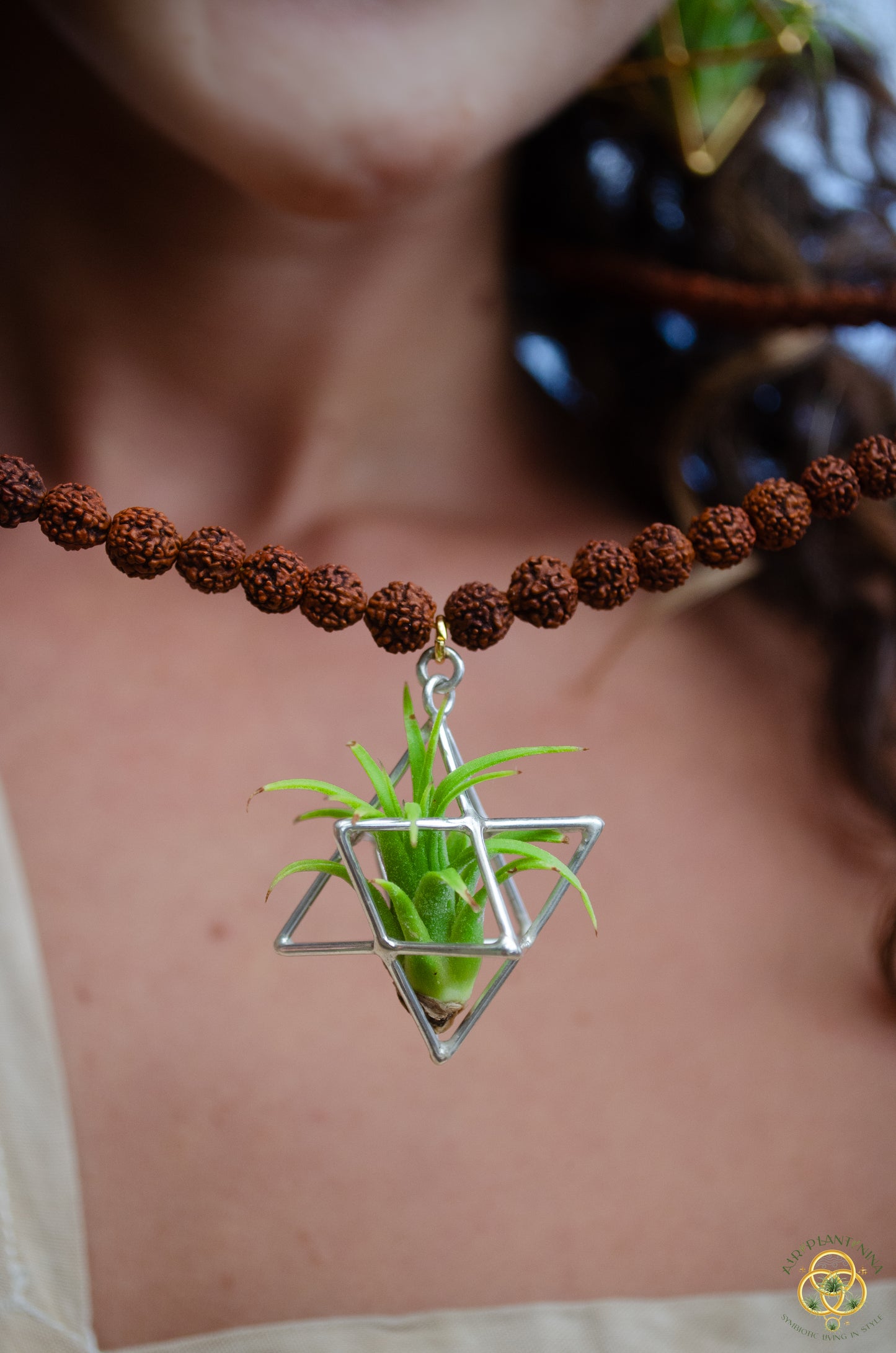 24K Gold Merkaba Air Plant Terrarium Monk Necklace ~ Buddha Prayer Rudraksha Beads