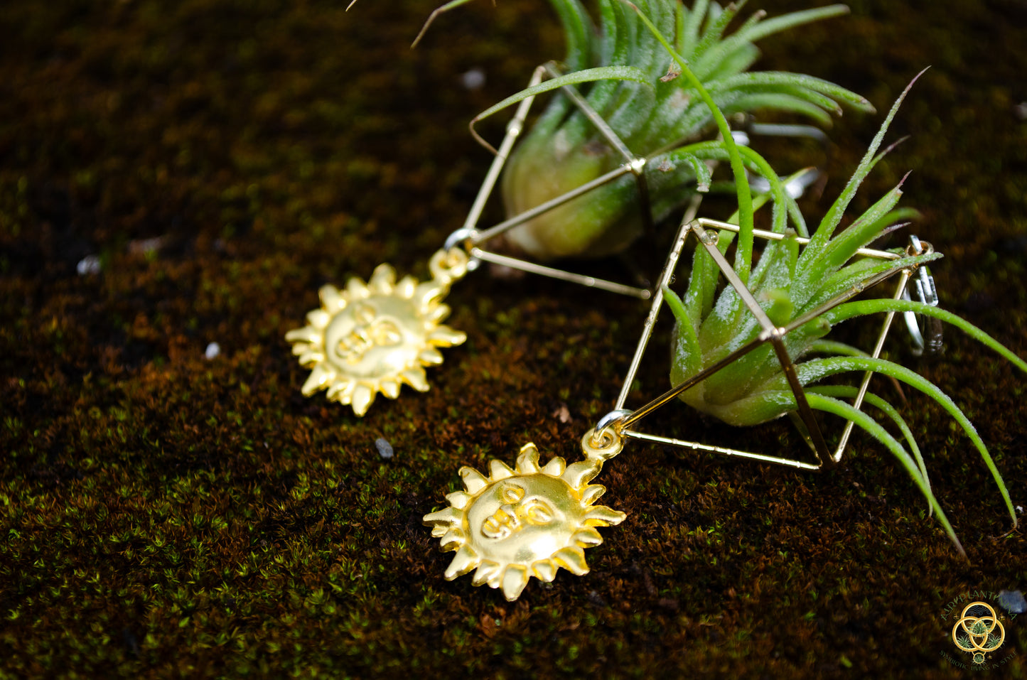 Golden Sun Charm Air Plant Clip Earrings ~ Diamond Octahedron Earrings