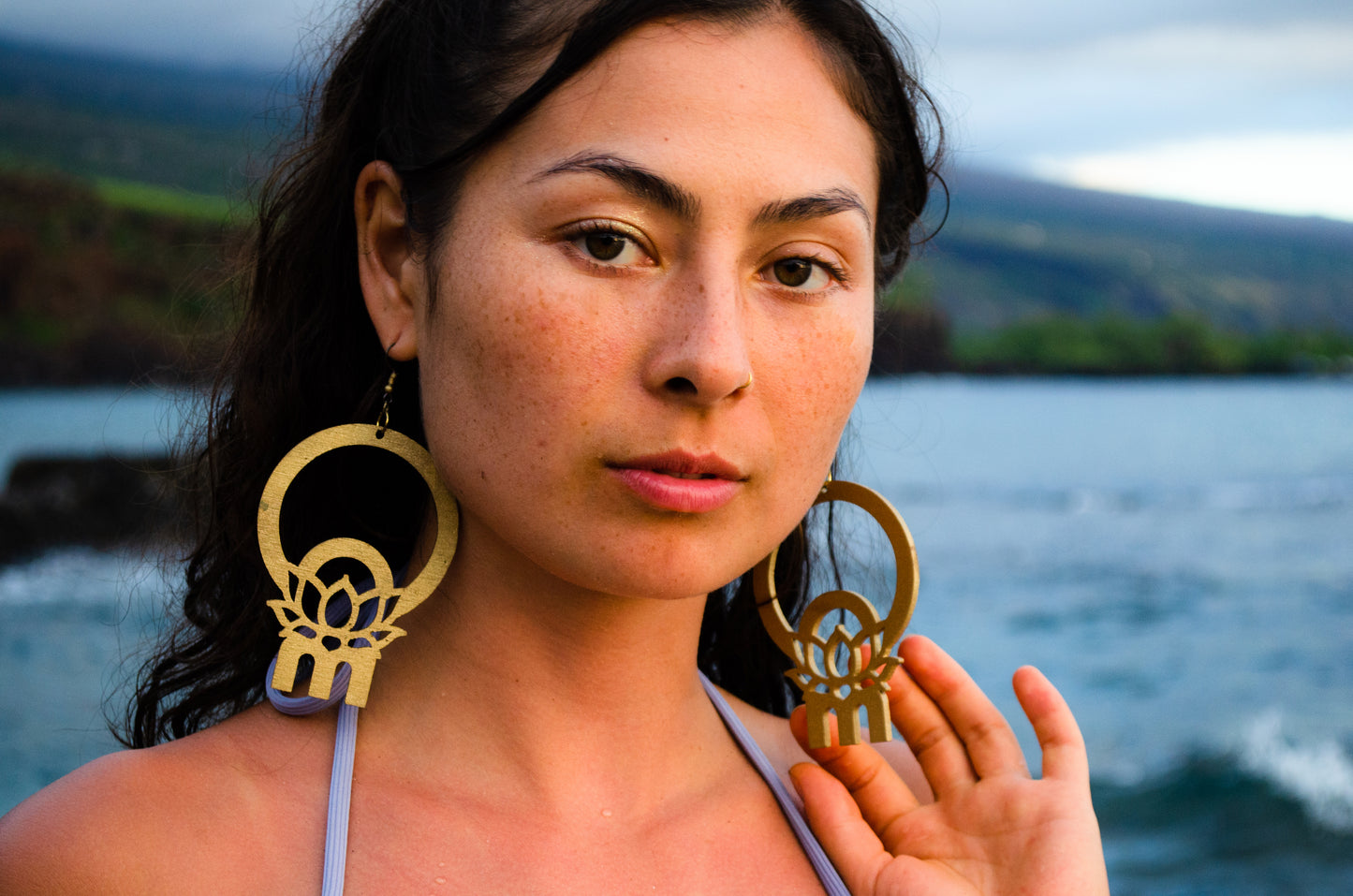 Om Lotus Key Code Light Language Wooden Hoop Earrings