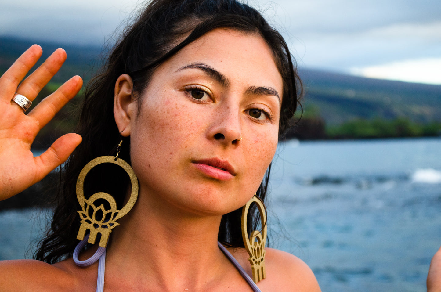 Om Lotus Key Code Light Language Wooden Hoop Earrings