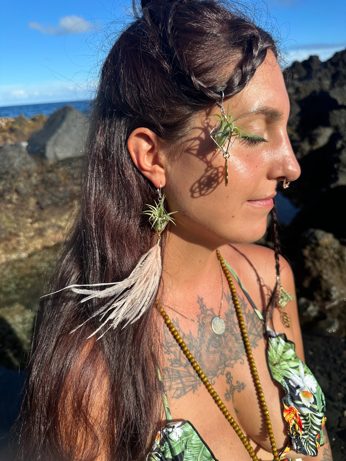 Flying Feather Air Plant Earrings ~ Diamond Octahedron Earrings