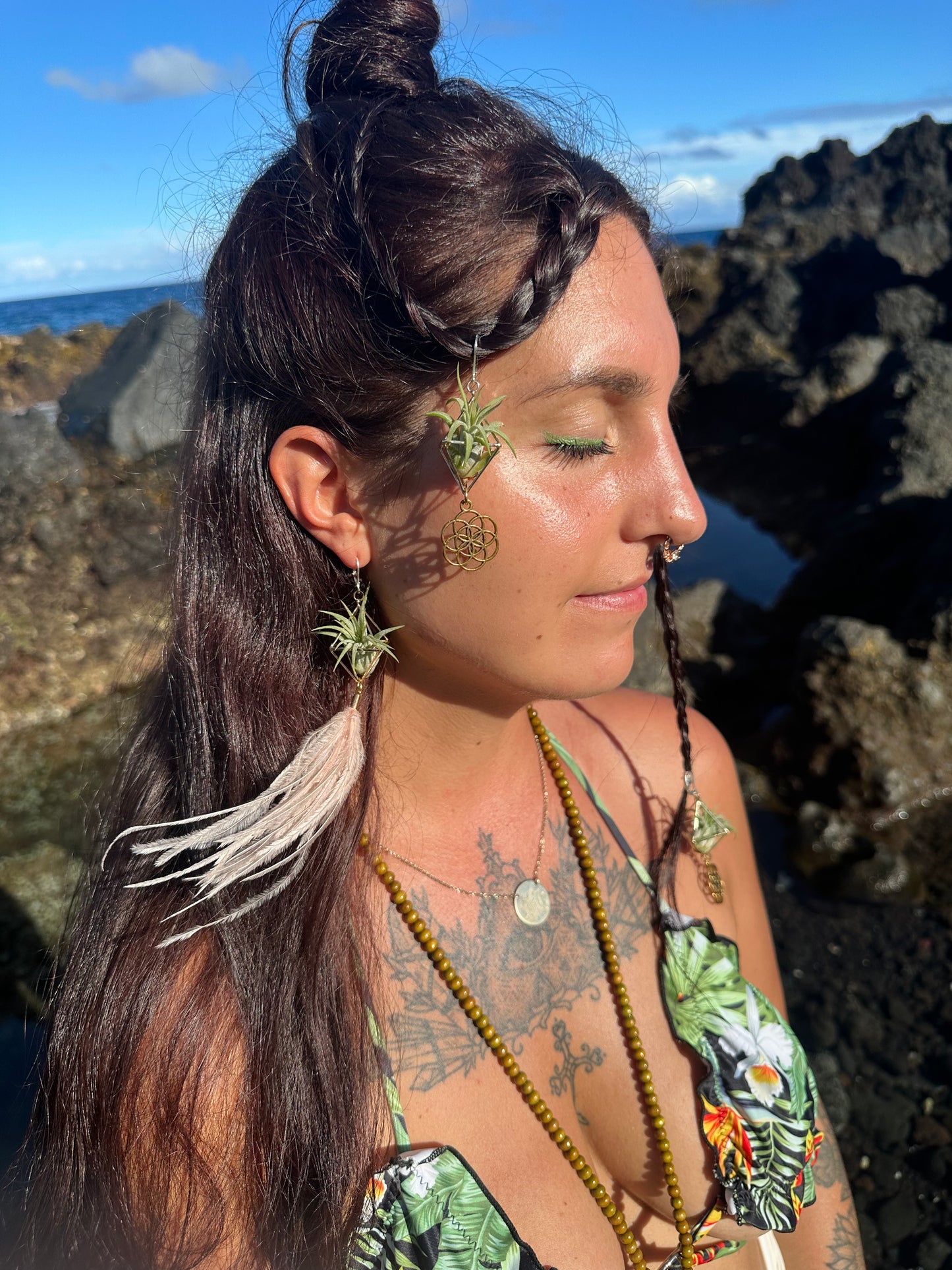 Flying Feather Air Plant Earrings ~ Diamond Octahedron Earrings