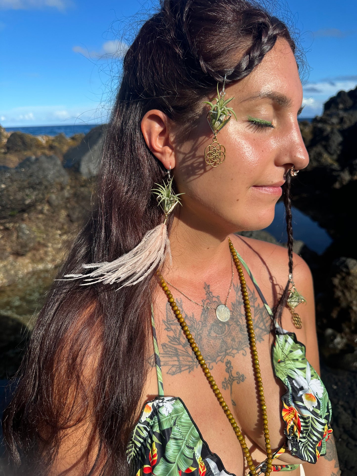 Flying Feather Air Plant Earrings ~ Diamond Octahedron Earrings