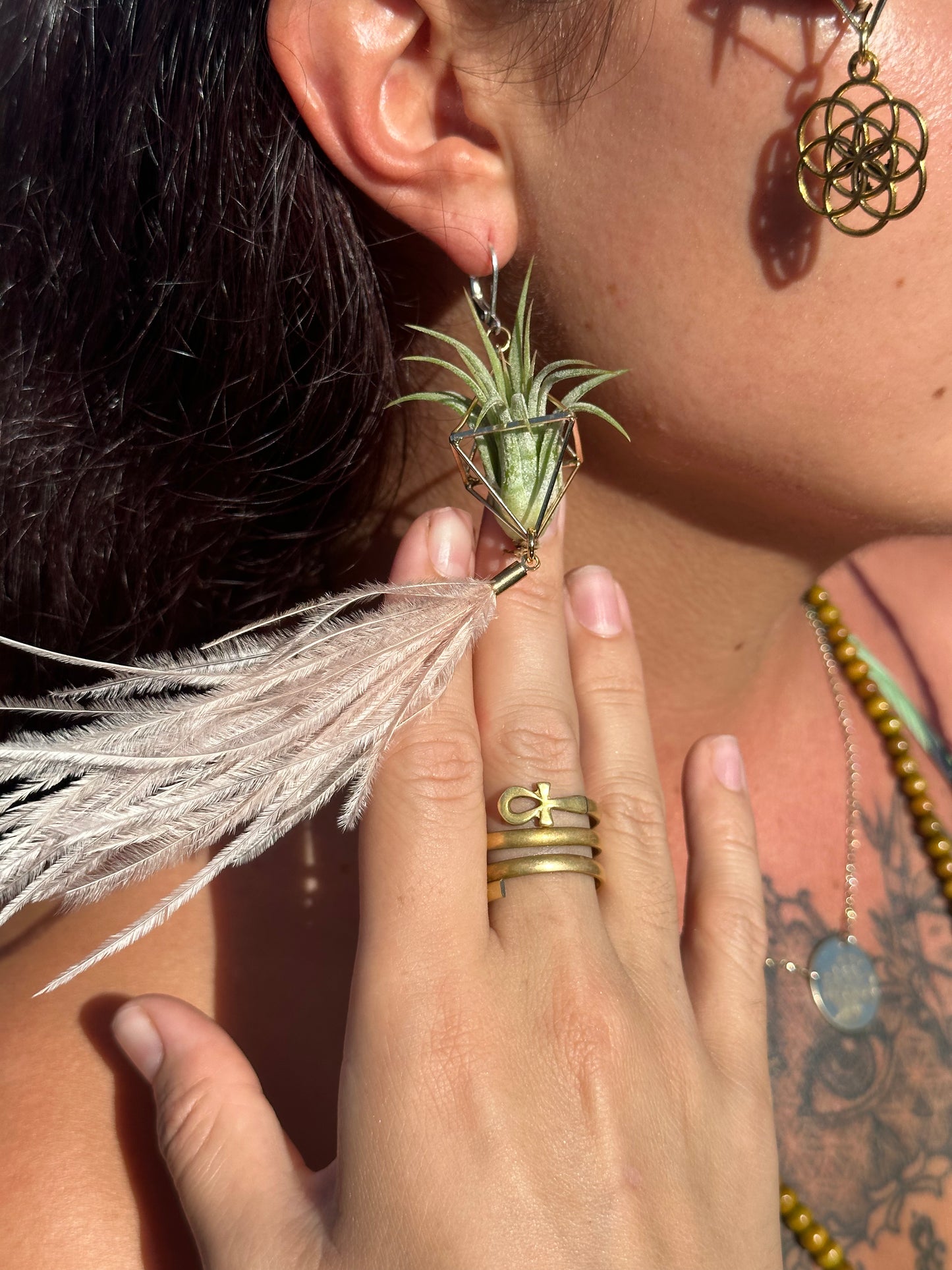 Flying Feather Air Plant Earrings ~ Diamond Octahedron Earrings
