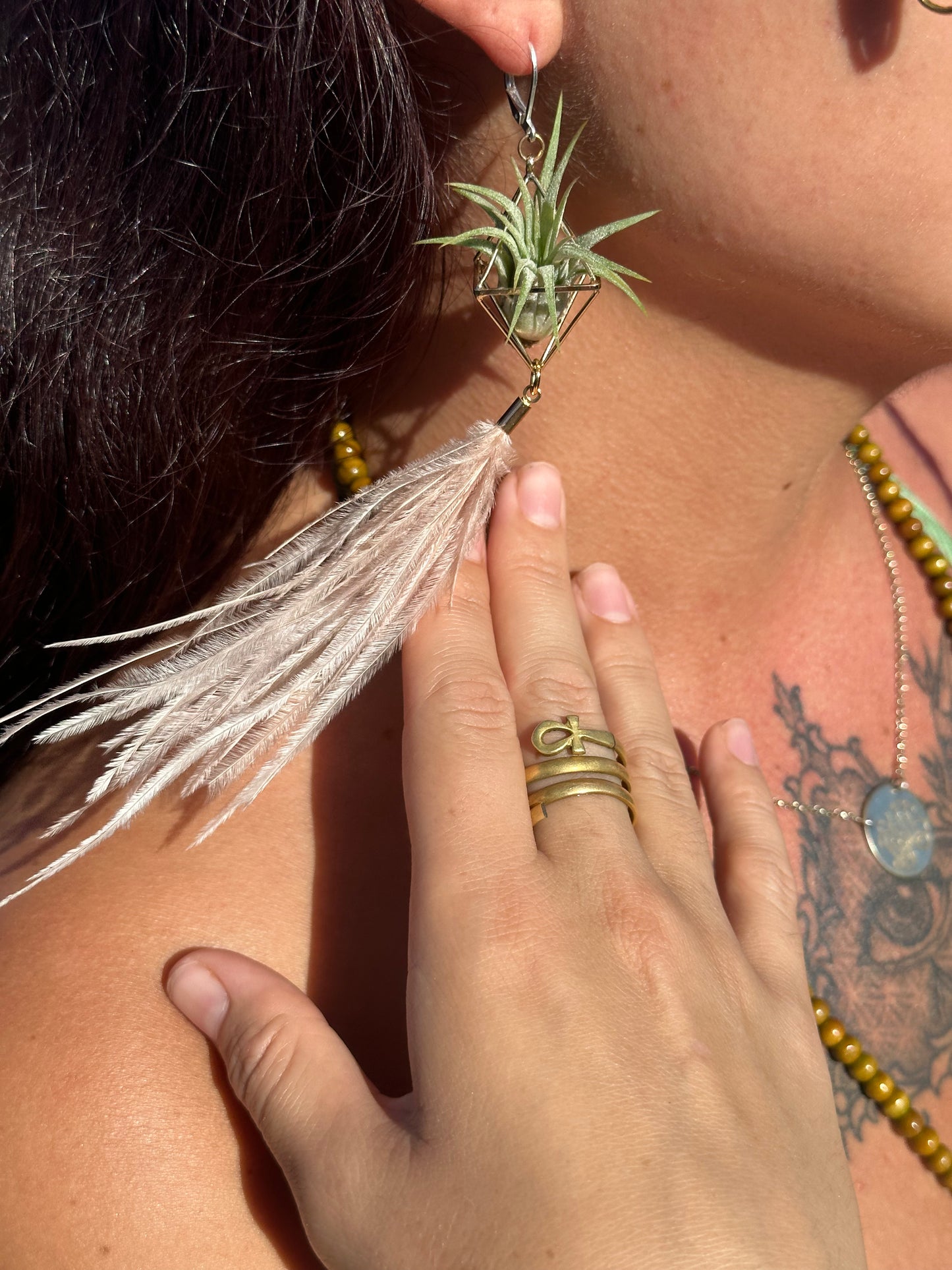 Flying Feather Air Plant Earrings ~ Diamond Octahedron Earrings