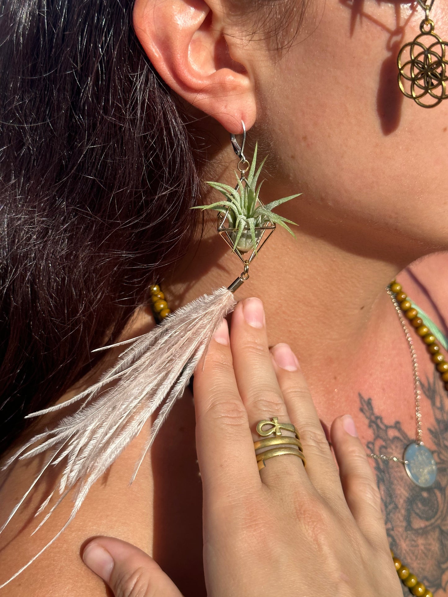 Flying Feather Air Plant Earrings ~ Diamond Octahedron Earrings