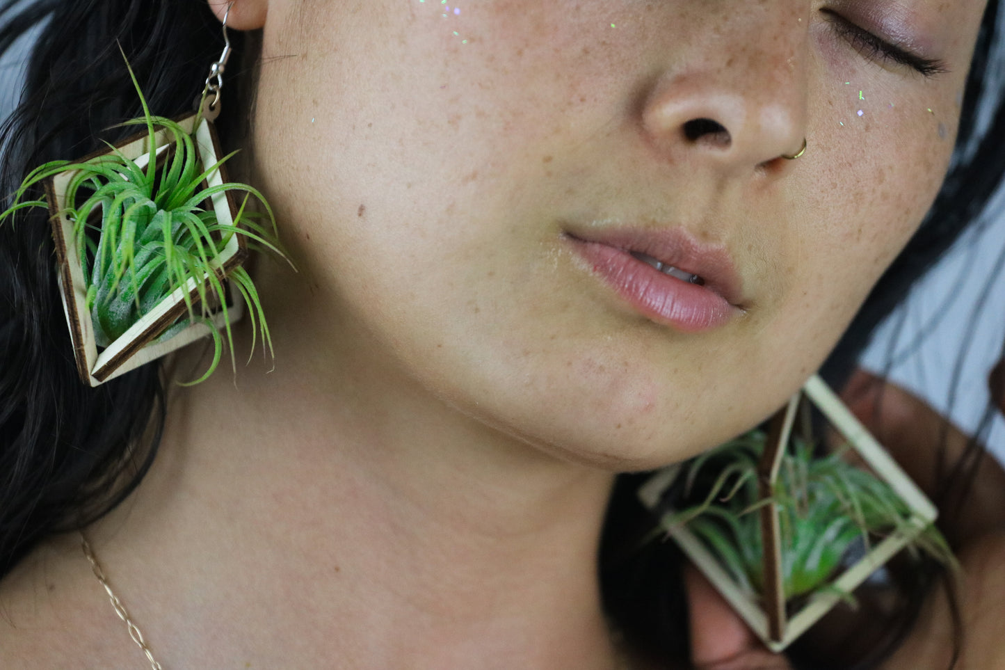 Lasercut Wooden Octahedron Air Plant Earrings ~ Japanese Tsugite Technique