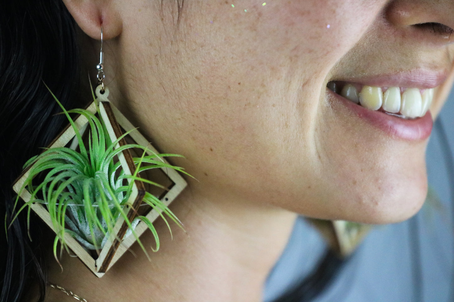 Lasercut Wooden Octahedron Air Plant Earrings ~ Japanese Tsugite Technique