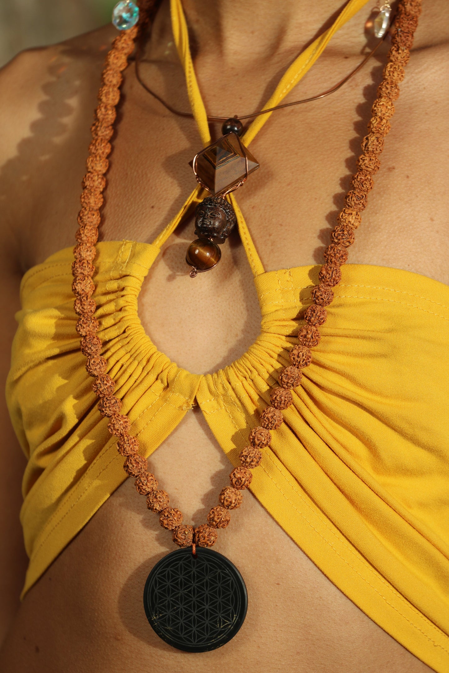 Shungite Crystal Flower of Life Medallion Rudraksha Prayer Bead Necklace