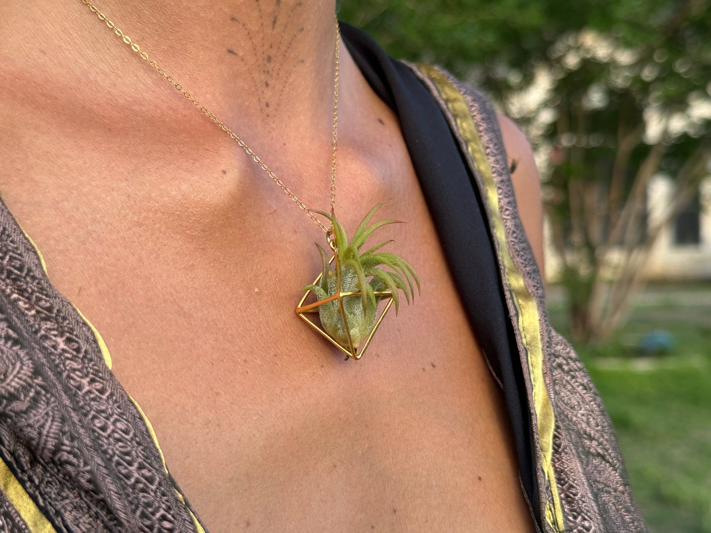Luxury Air Plant Octahedron Pendant - 24K Gold / Solid Sterling Silver