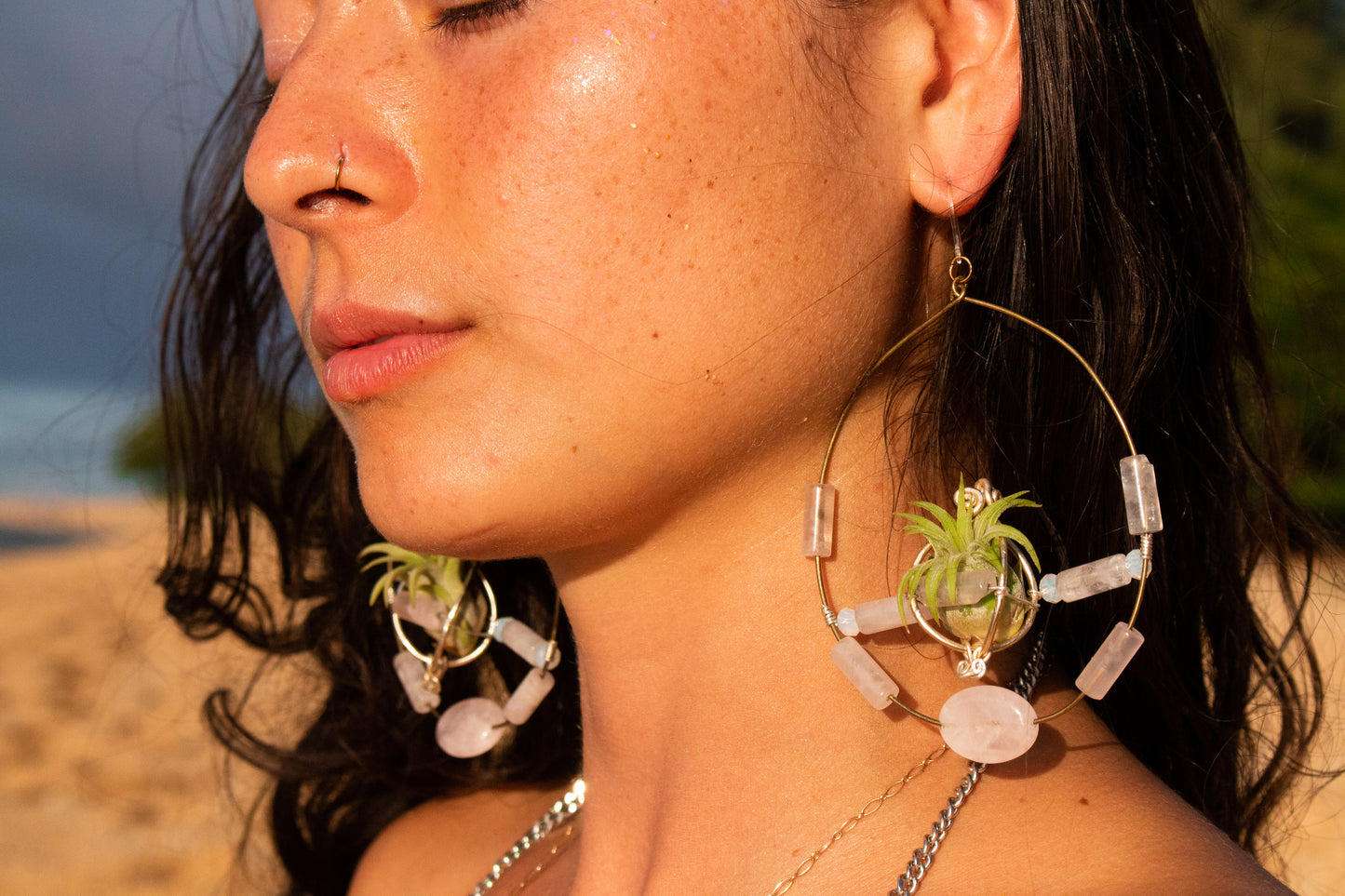 Crystal Jewel Beaded Air Plant Hoop Earrings