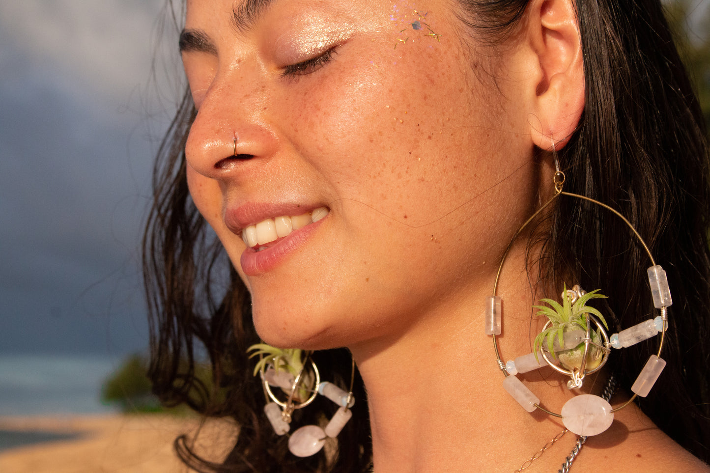 Crystal Jewel Beaded Air Plant Hoop Earrings