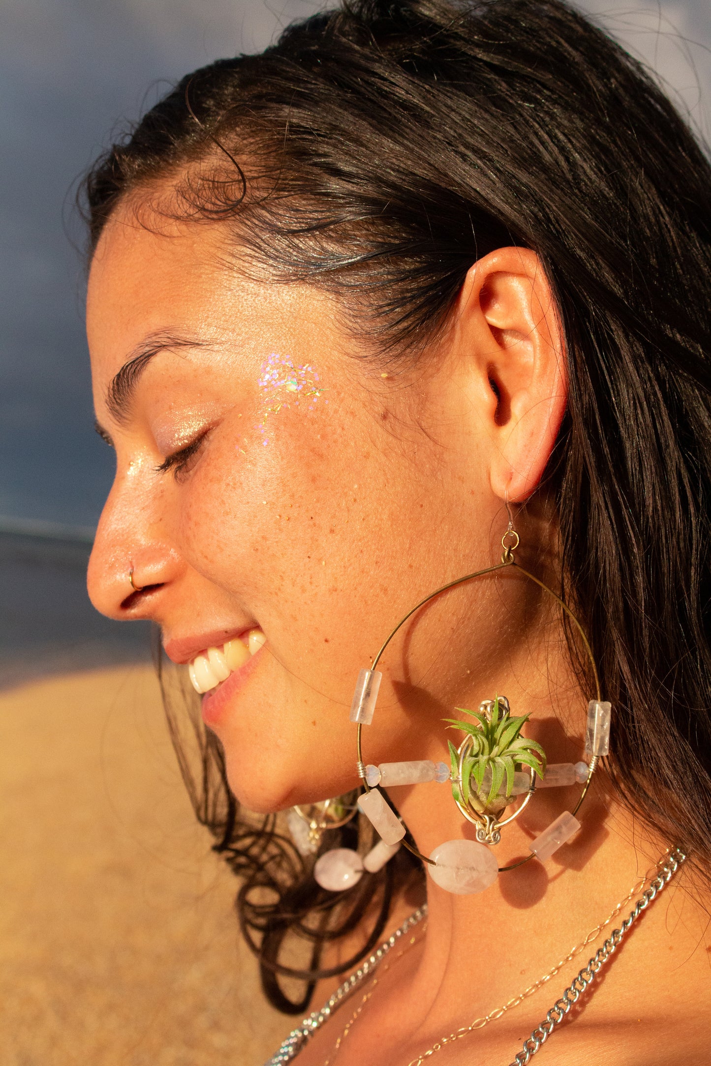 Crystal Jewel Beaded Air Plant Hoop Earrings