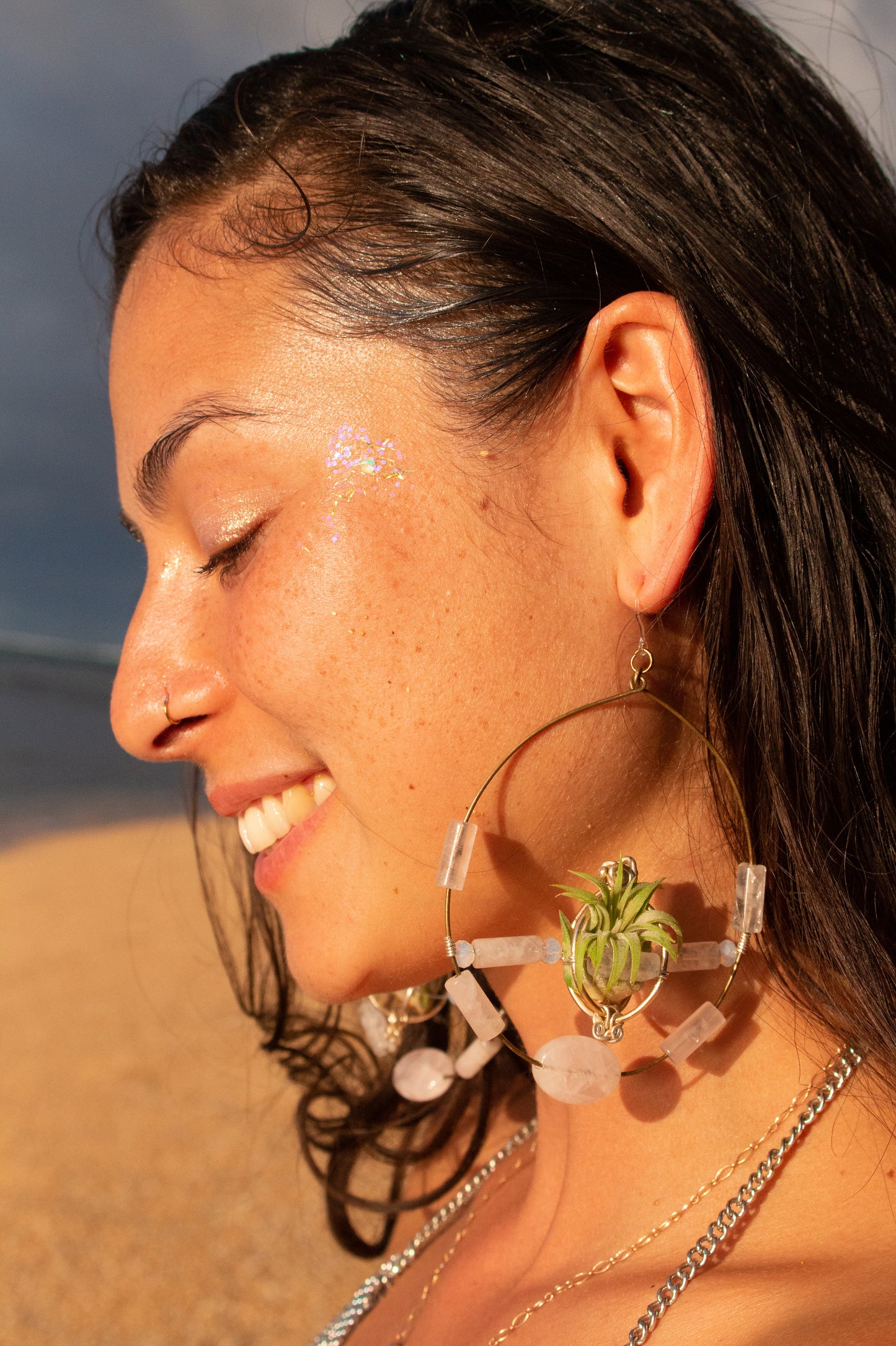 Crystal Jewel Beaded Air Plant Hoop Earrings