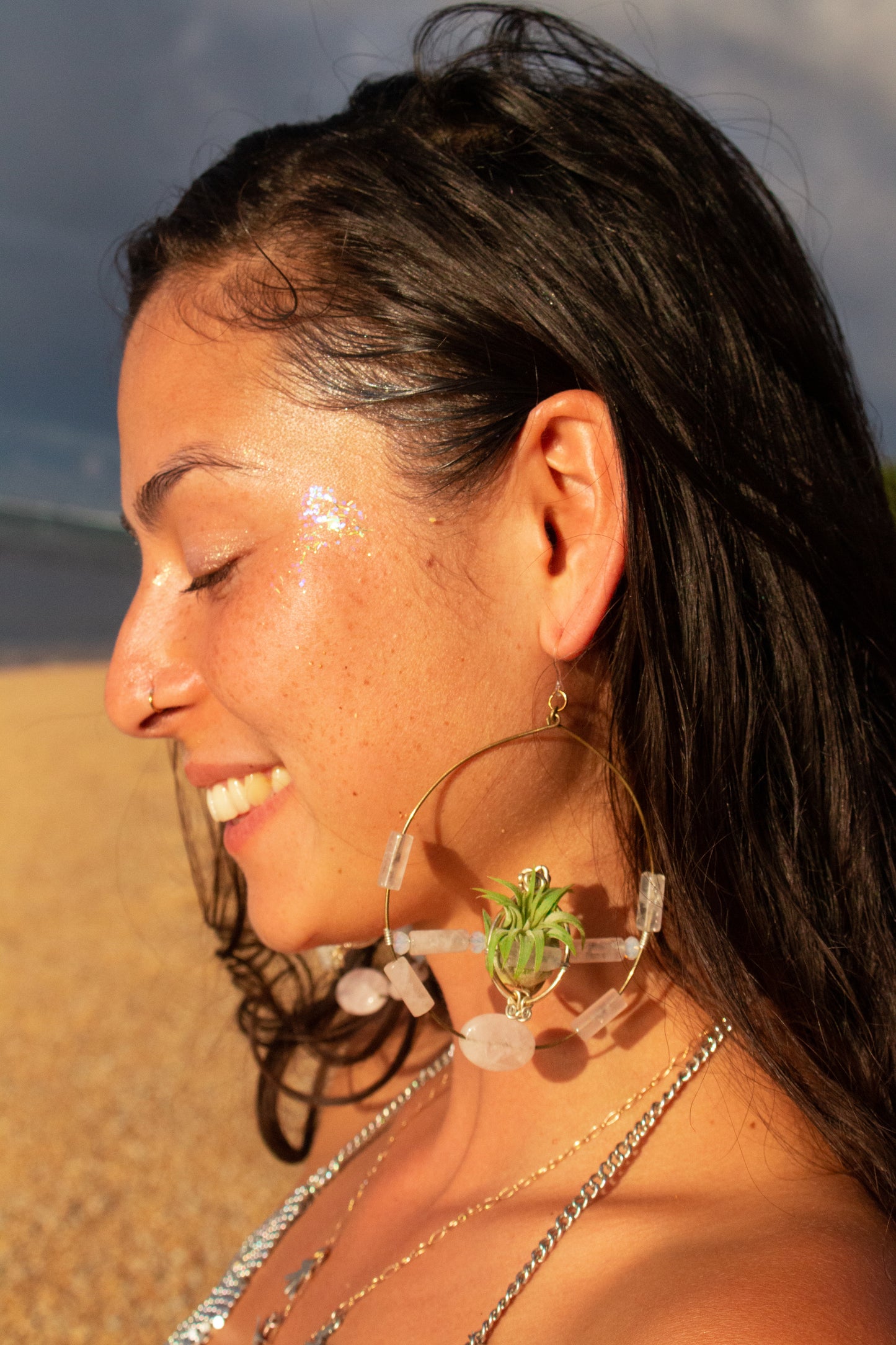 Crystal Jewel Beaded Air Plant Hoop Earrings