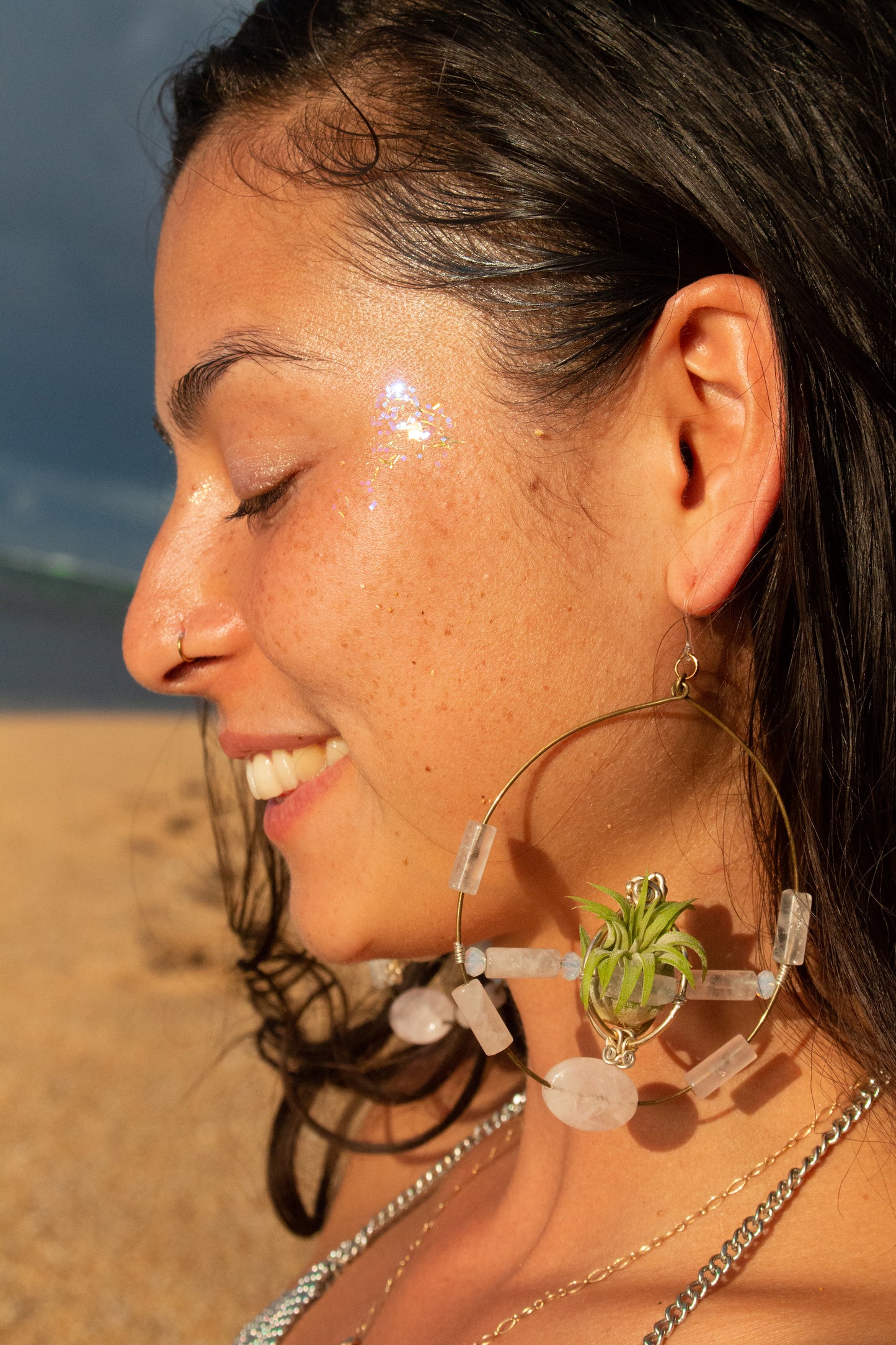 Crystal Jewel Beaded Air Plant Hoop Earrings