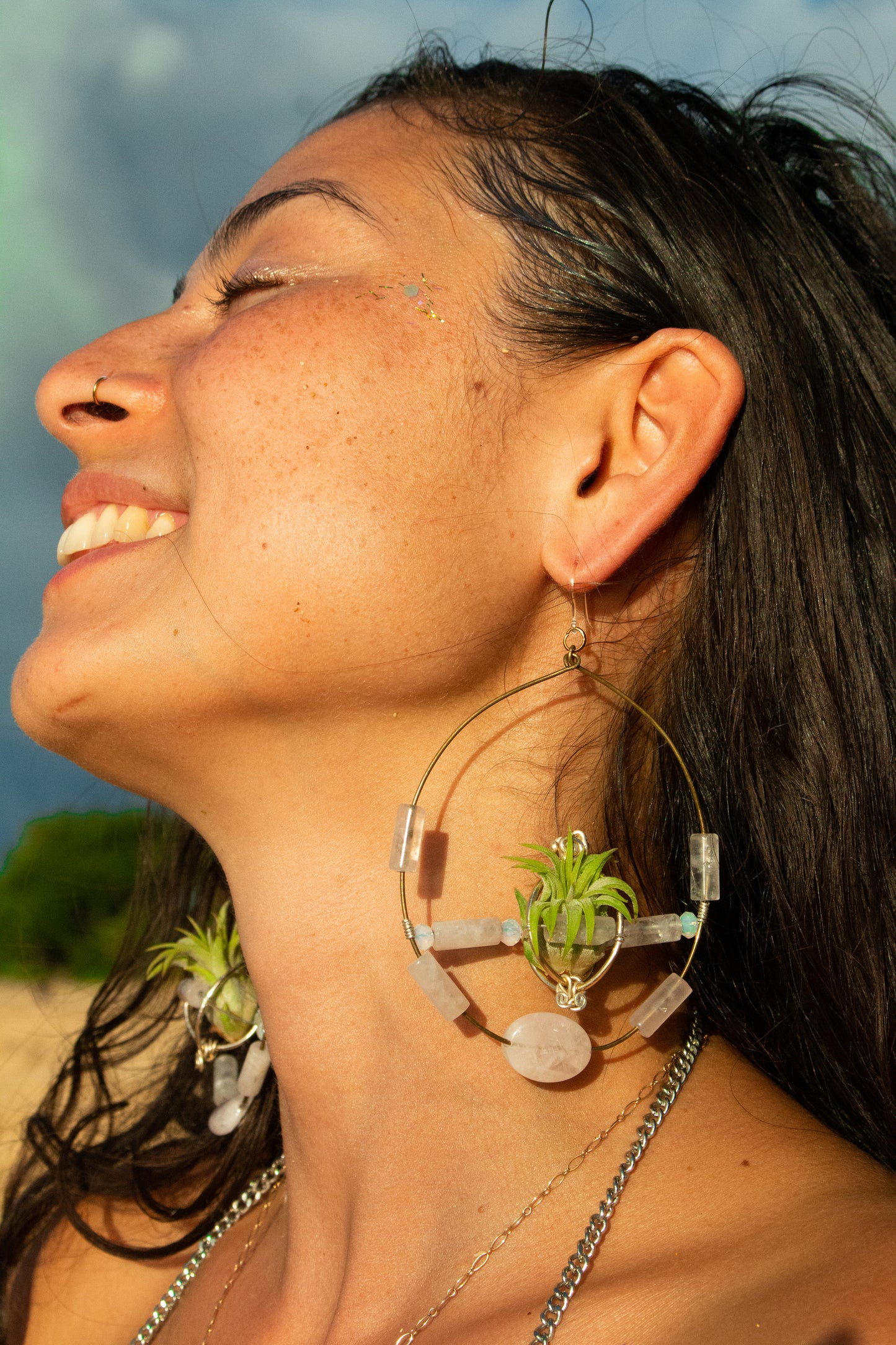 Crystal Jewel Beaded Air Plant Hoop Earrings