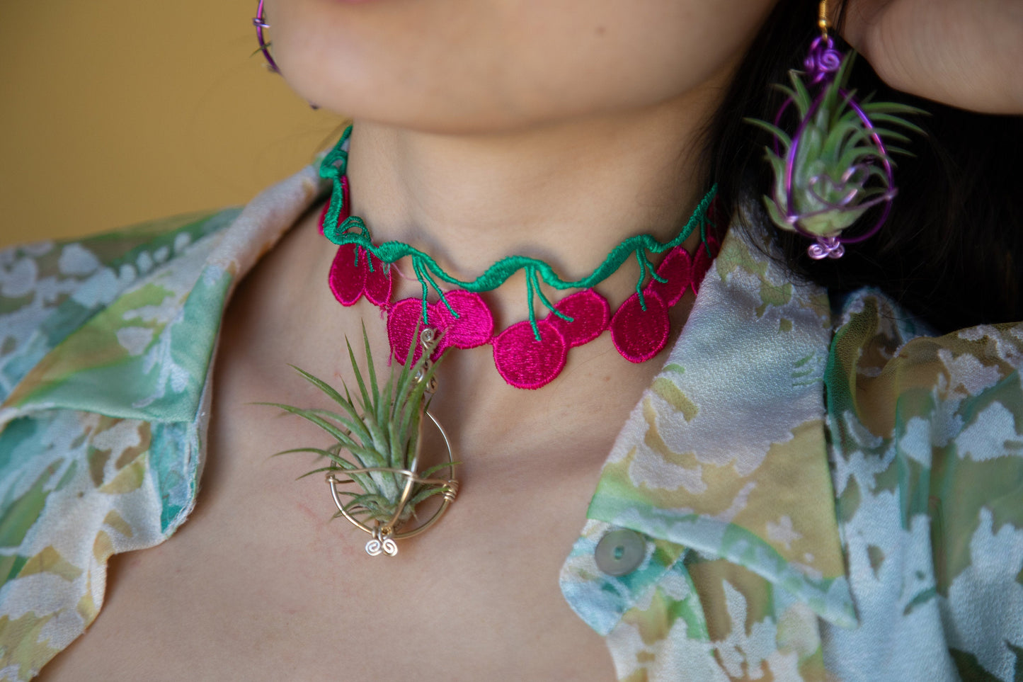 Air Plant Choker Pendant  ~  Fruity Chokers + Earrings Set (Cherry, Grape, Banana, Watermelon, Strawberry)))