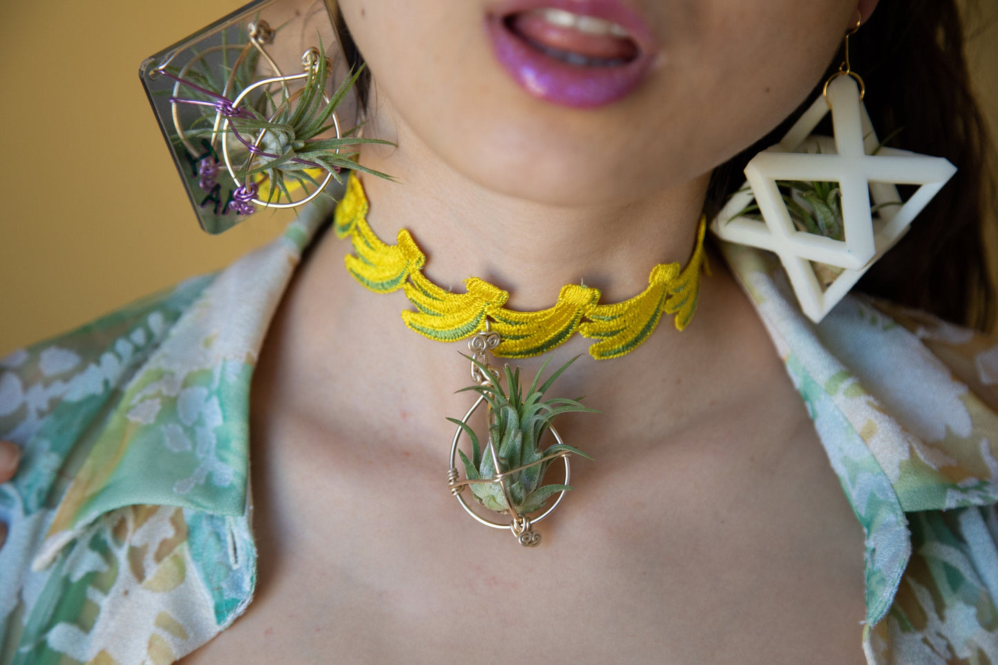 Air Plant Choker Pendant  ~  Fruity Chokers + Earrings Set (Cherry, Grape, Banana, Watermelon, Strawberry)))