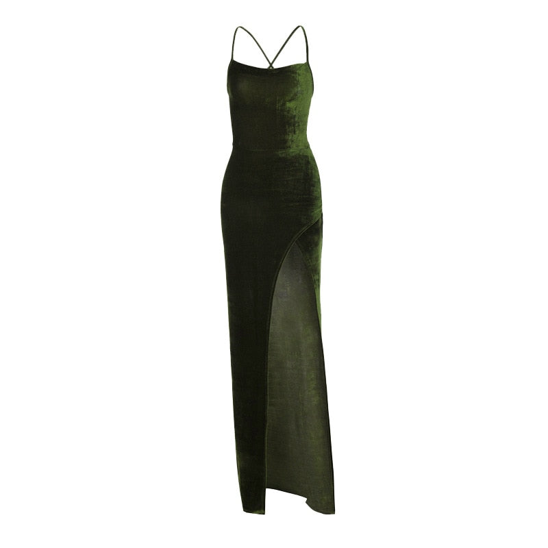Elegant Veronica Velvet Backless Slit Leg Maxi Dress
