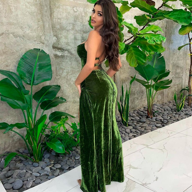 Elegant Veronica Velvet Backless Slit Leg Maxi Dress