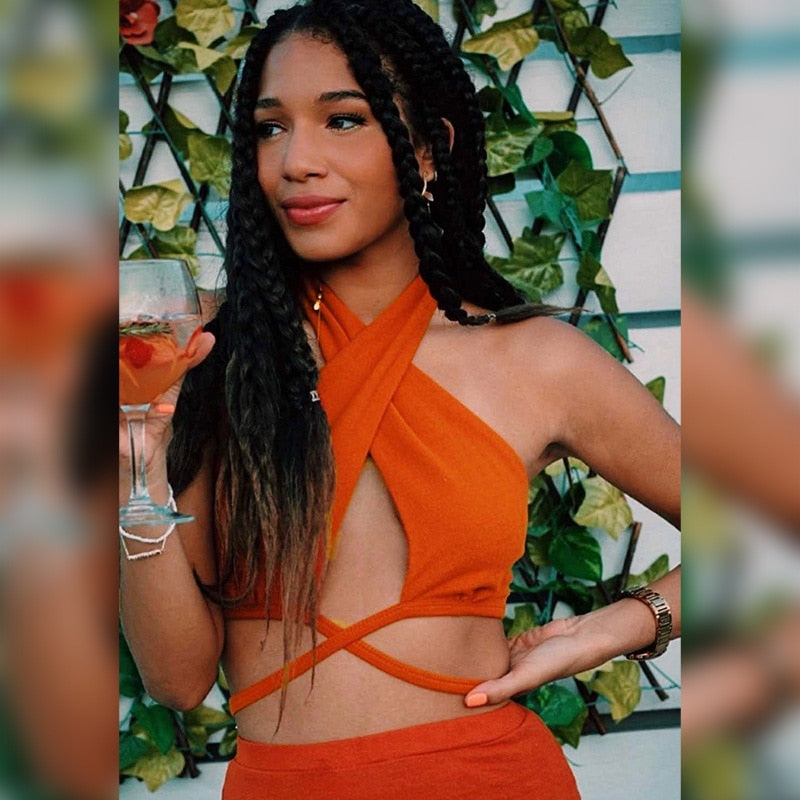 Monique Butterfly Criss Cross Wrap Halter Crop