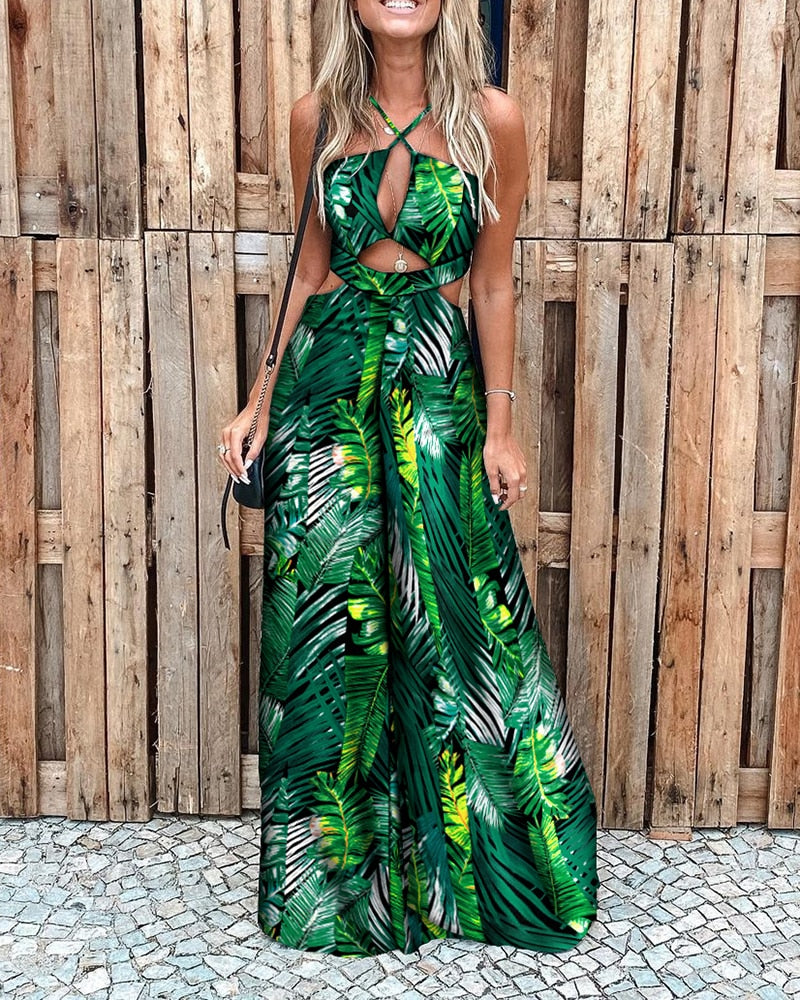 Terra Monsterra Palm Leaf Halter Jumpsuit