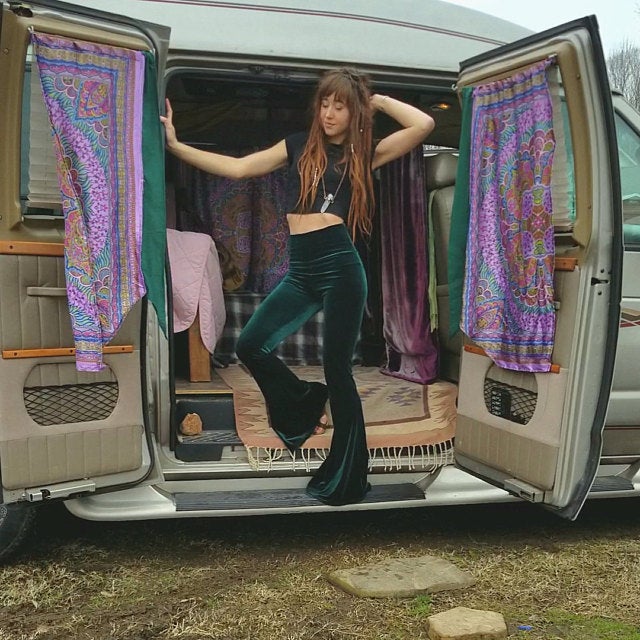 Peridot Velvet Flare High Waisted Stretchy Festival Trousers