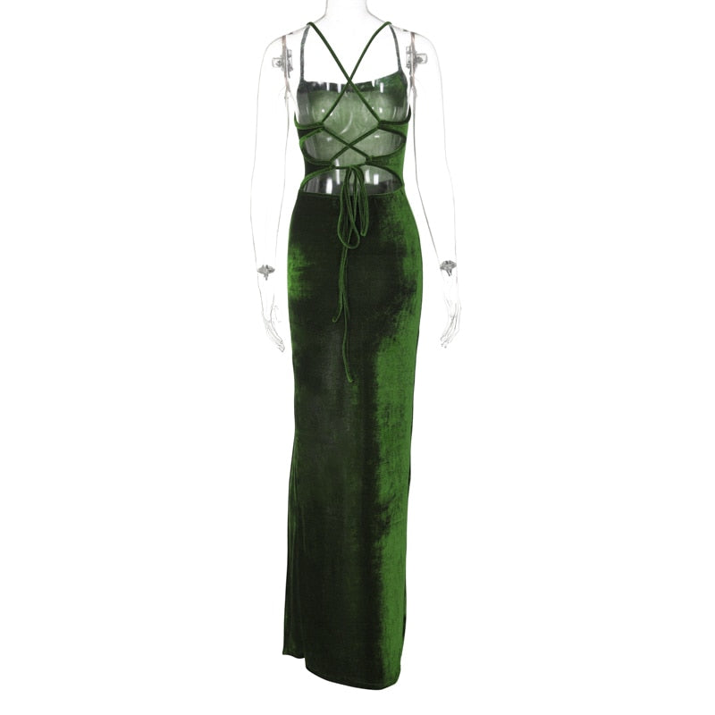 Elegant Veronica Velvet Backless Slit Leg Maxi Dress