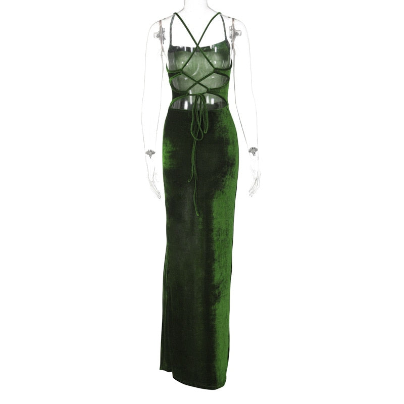 Elegant Veronica Velvet Backless Slit Leg Maxi Dress