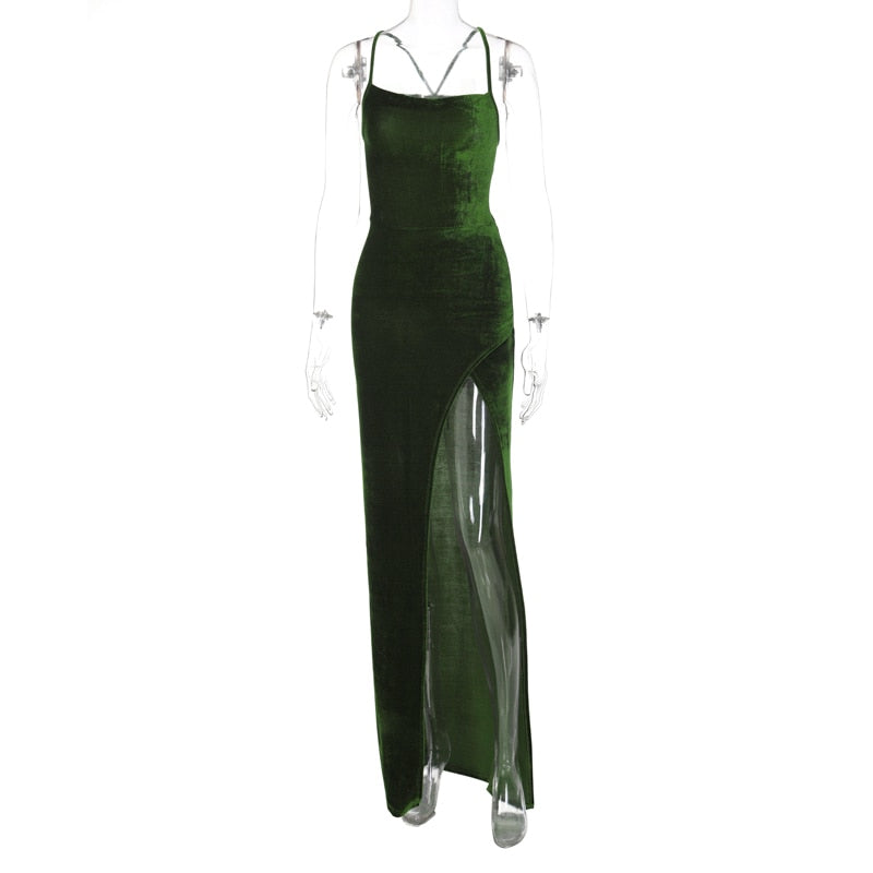 Elegant Veronica Velvet Backless Slit Leg Maxi Dress